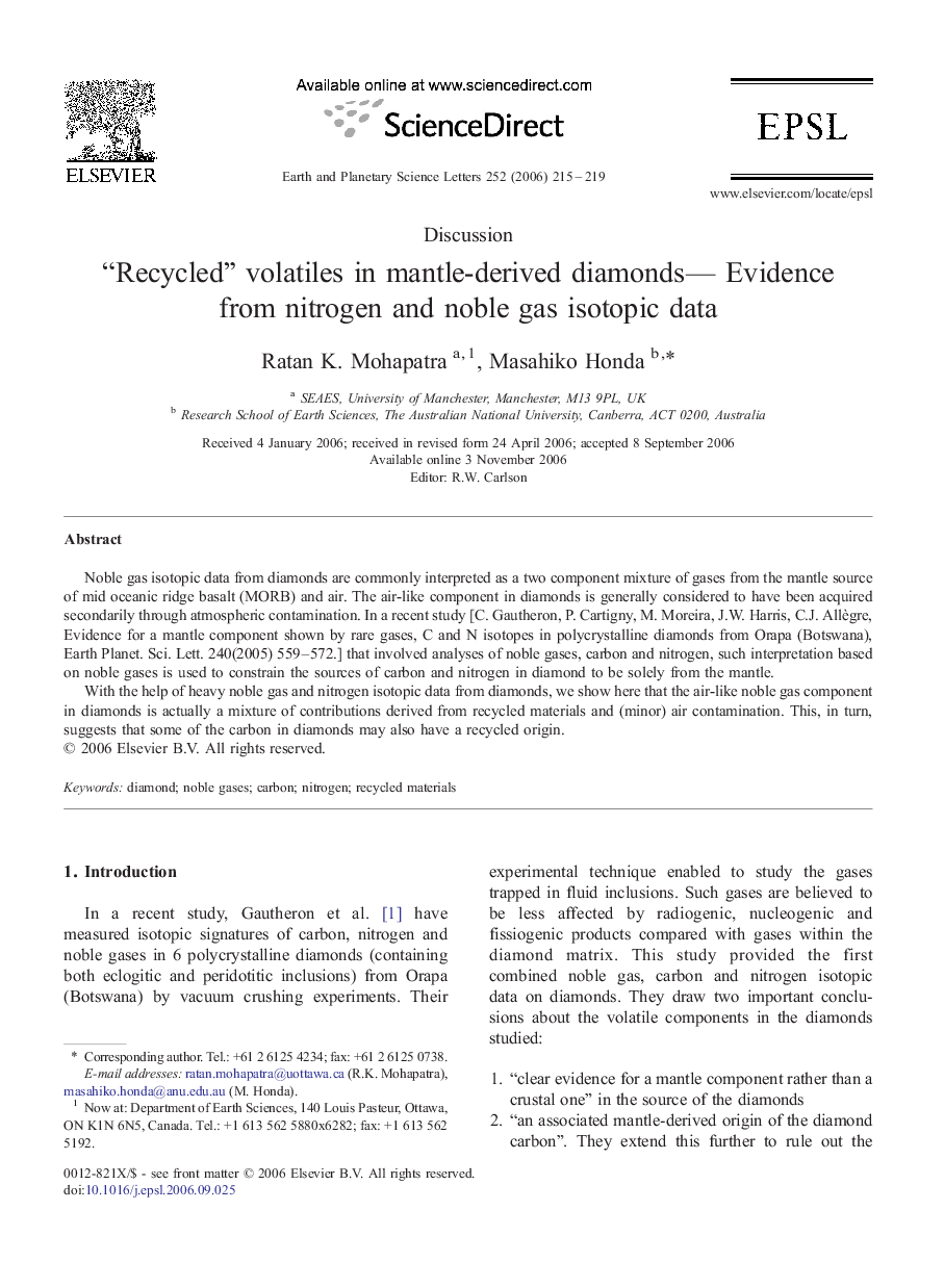 Discussion“Recycled” volatiles in mantle-derived diamonds- Evidence from nitrogen and noble gas isotopic data