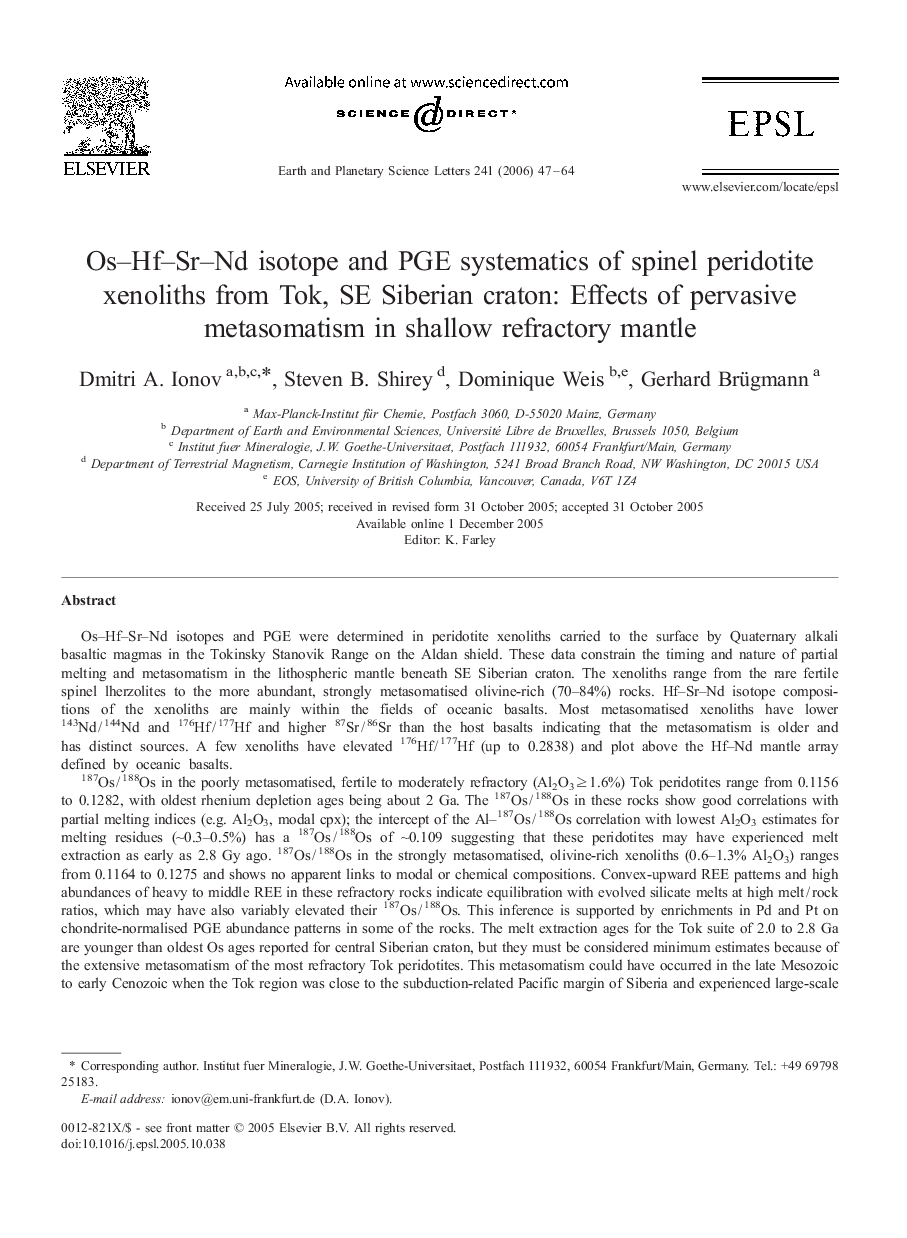 Os-Hf-Sr-Nd isotope and PGE systematics of spinel peridotite xenoliths from Tok, SE Siberian craton: Effects of pervasive metasomatism in shallow refractory mantle