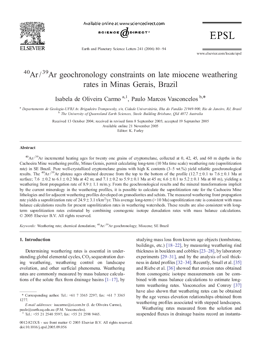 40ArÂ /Â 39Ar geochronology constraints on late miocene weathering rates in Minas Gerais, Brazil