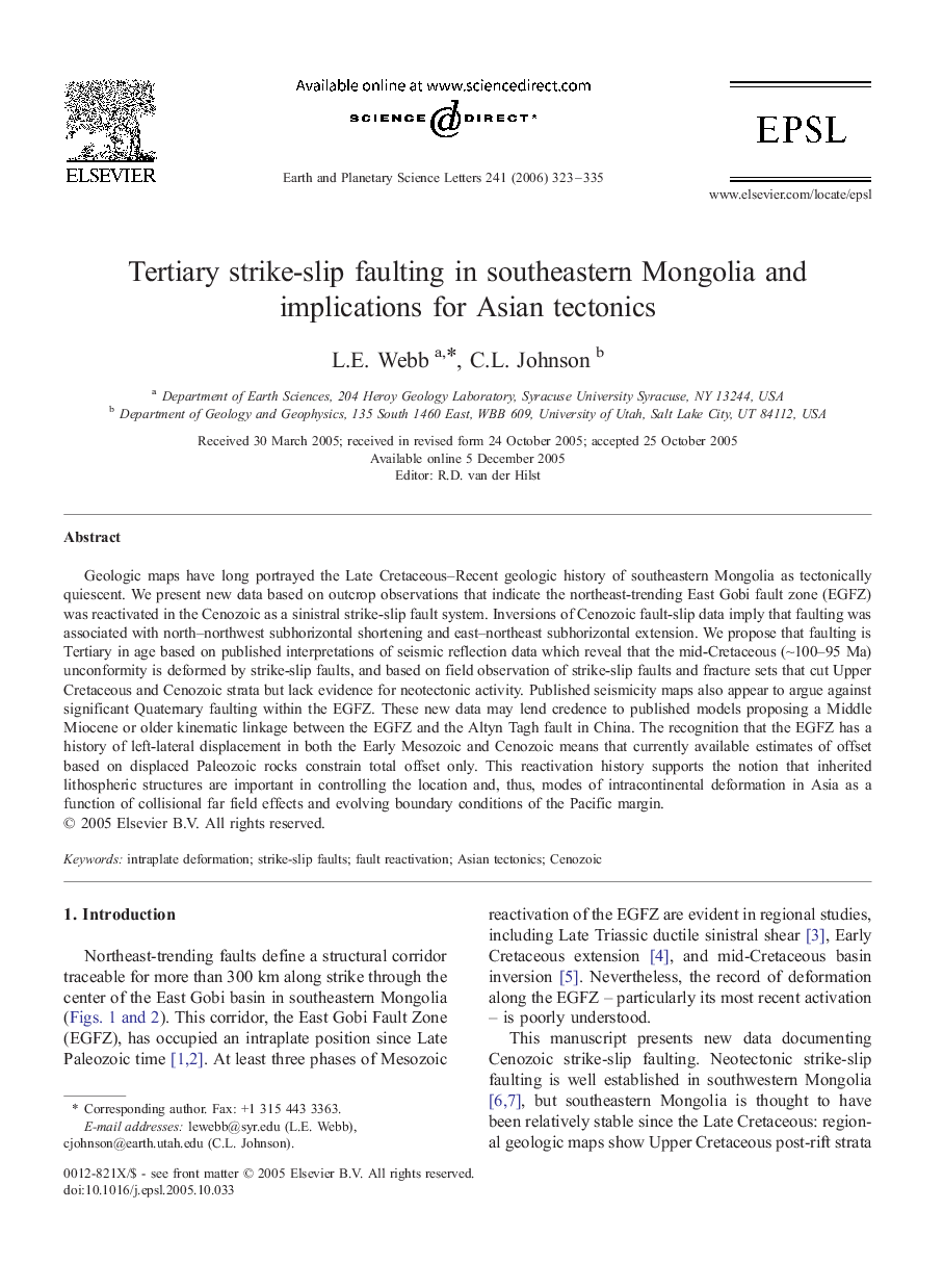 Tertiary strike-slip faulting in southeastern Mongolia and implications for Asian tectonics