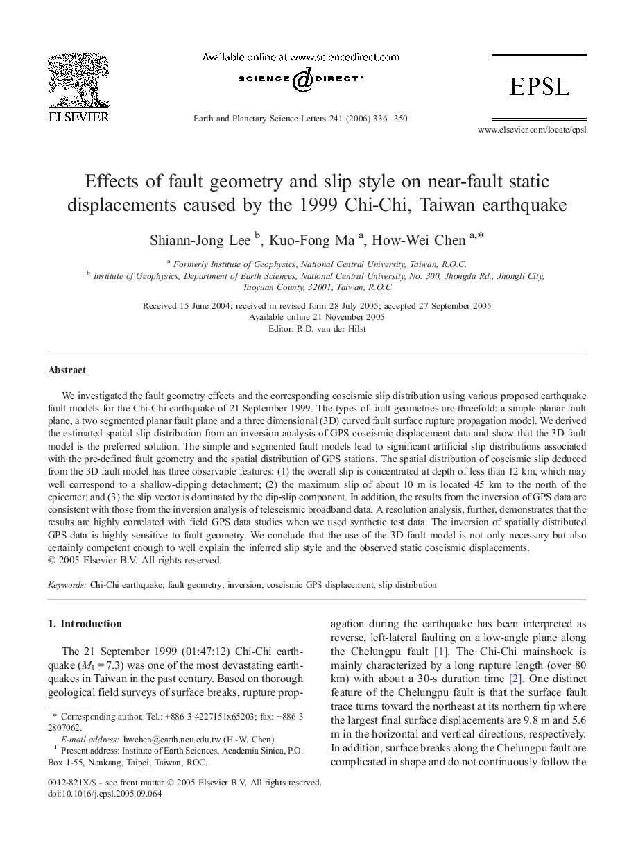 Effects of fault geometry and slip style on near-fault static displacements caused by the 1999 Chi-Chi, Taiwan earthquake