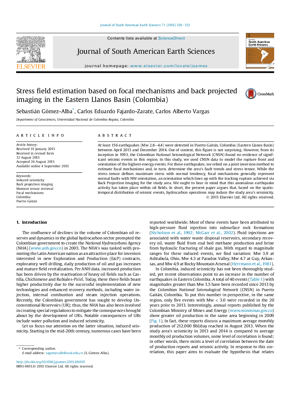 Stress field estimation based on focal mechanisms and back projected imaging in the Eastern Llanos Basin (Colombia)