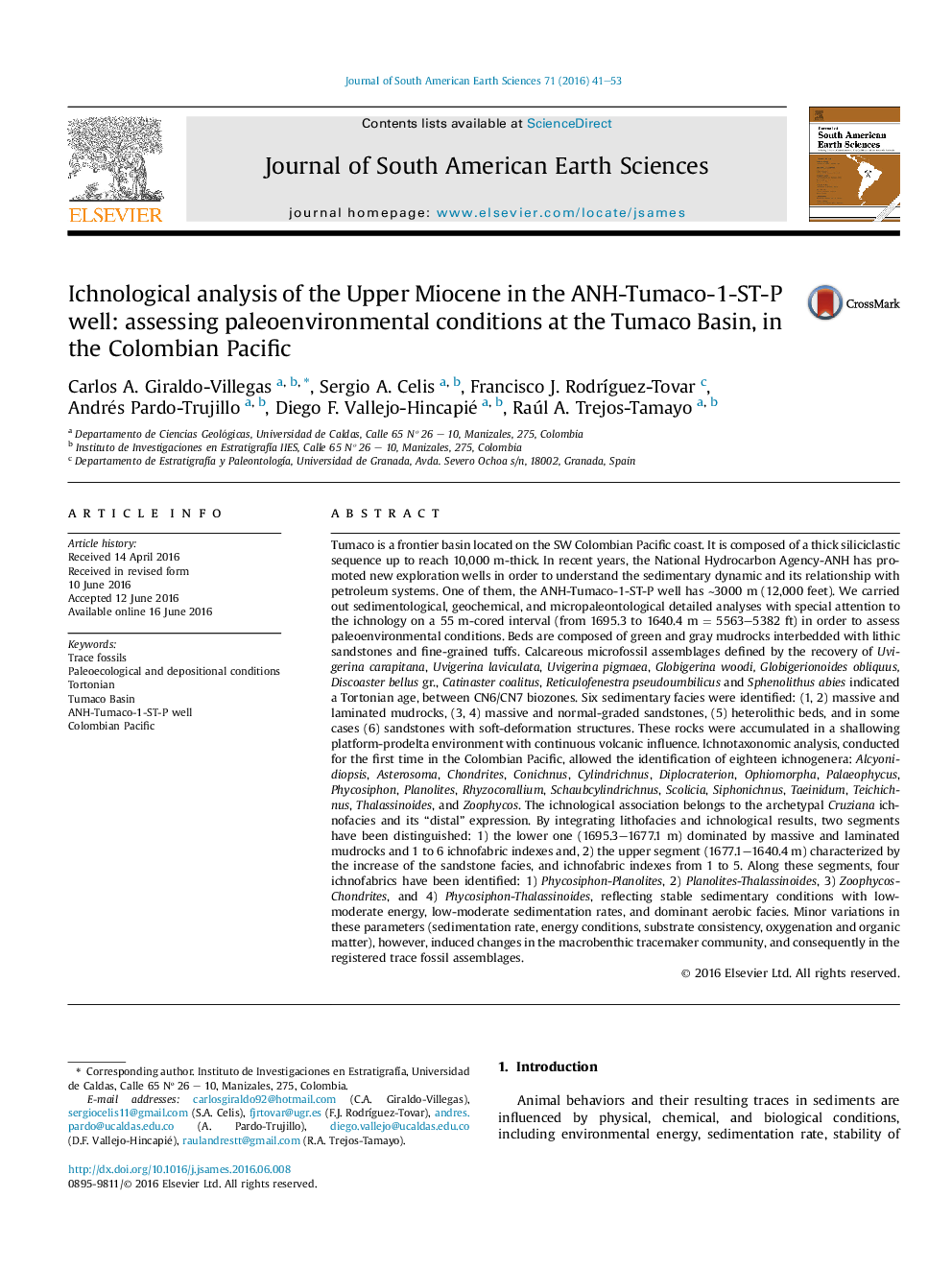 Ichnological analysis of the Upper Miocene in the ANH-Tumaco-1-ST-P well: assessing paleoenvironmental conditions at the Tumaco Basin, in the Colombian Pacific