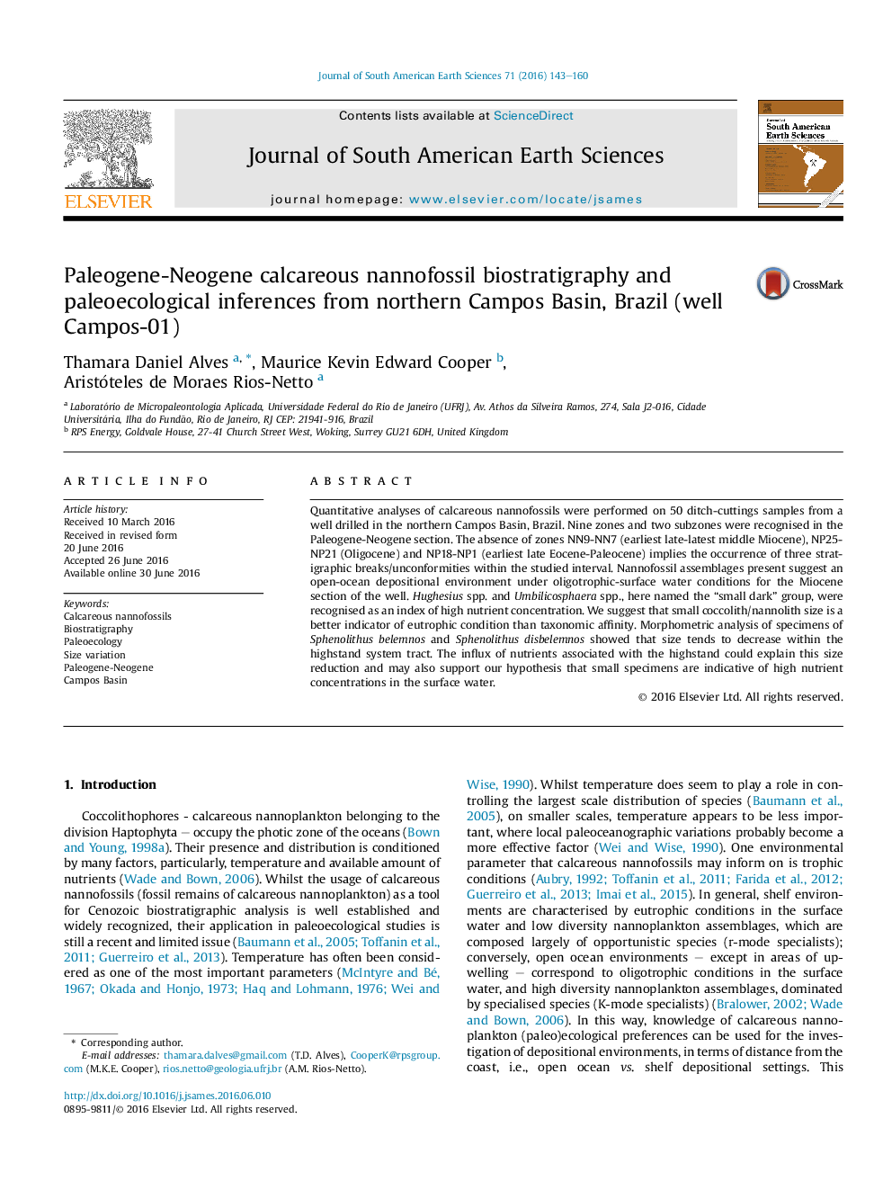 Paleogene-Neogene calcareous nannofossil biostratigraphy and paleoecological inferences from northern Campos Basin, Brazil (well Campos-01)