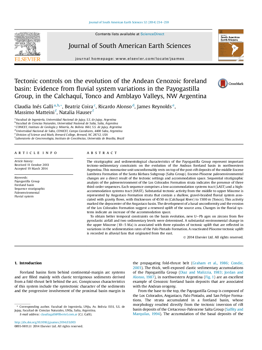 Tectonic controls on the evolution of the Andean Cenozoic foreland basin: Evidence from fluvial system variations in the Payogastilla Group, in the CalchaquÃ­, Tonco and Amblayo Valleys, NW Argentina