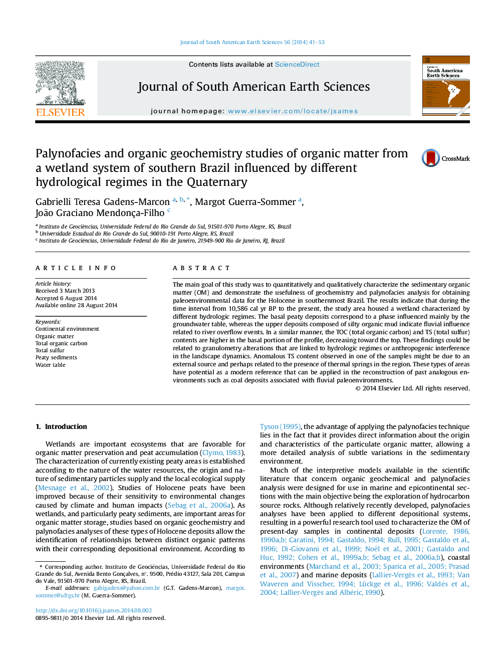 Palynofacies and organic geochemistry studies of organic matter from a wetland system of southern Brazil influenced by different hydrological regimes in the Quaternary