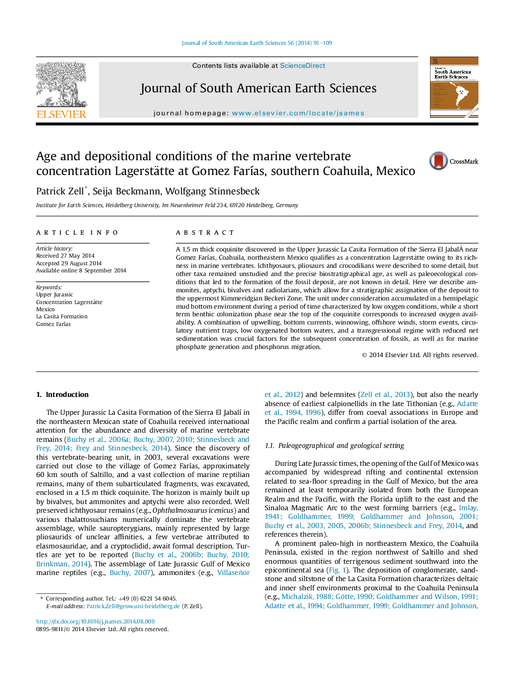 Age and depositional conditions of the marine vertebrate concentration Lagerstätte at Gomez FarÃ­as, southern Coahuila, Mexico