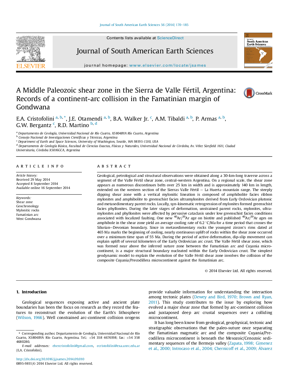 A Middle Paleozoic shear zone in the Sierra de Valle Fértil, Argentina: Records of a continent-arc collision in the Famatinian margin of Gondwana