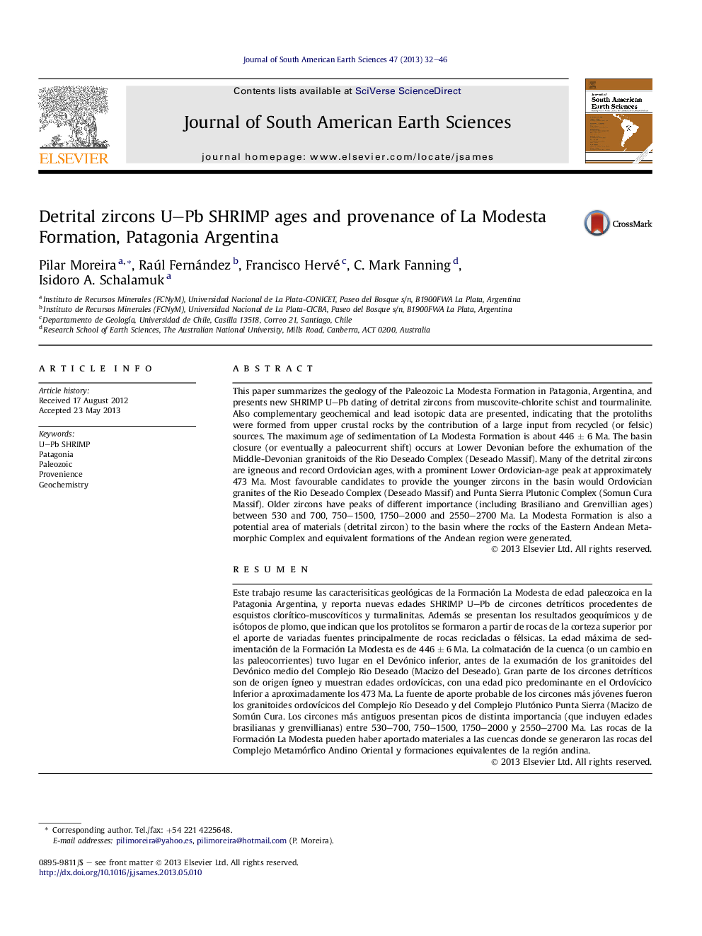 Detrital zircons U-Pb SHRIMP ages and provenance of La Modesta Formation, Patagonia Argentina