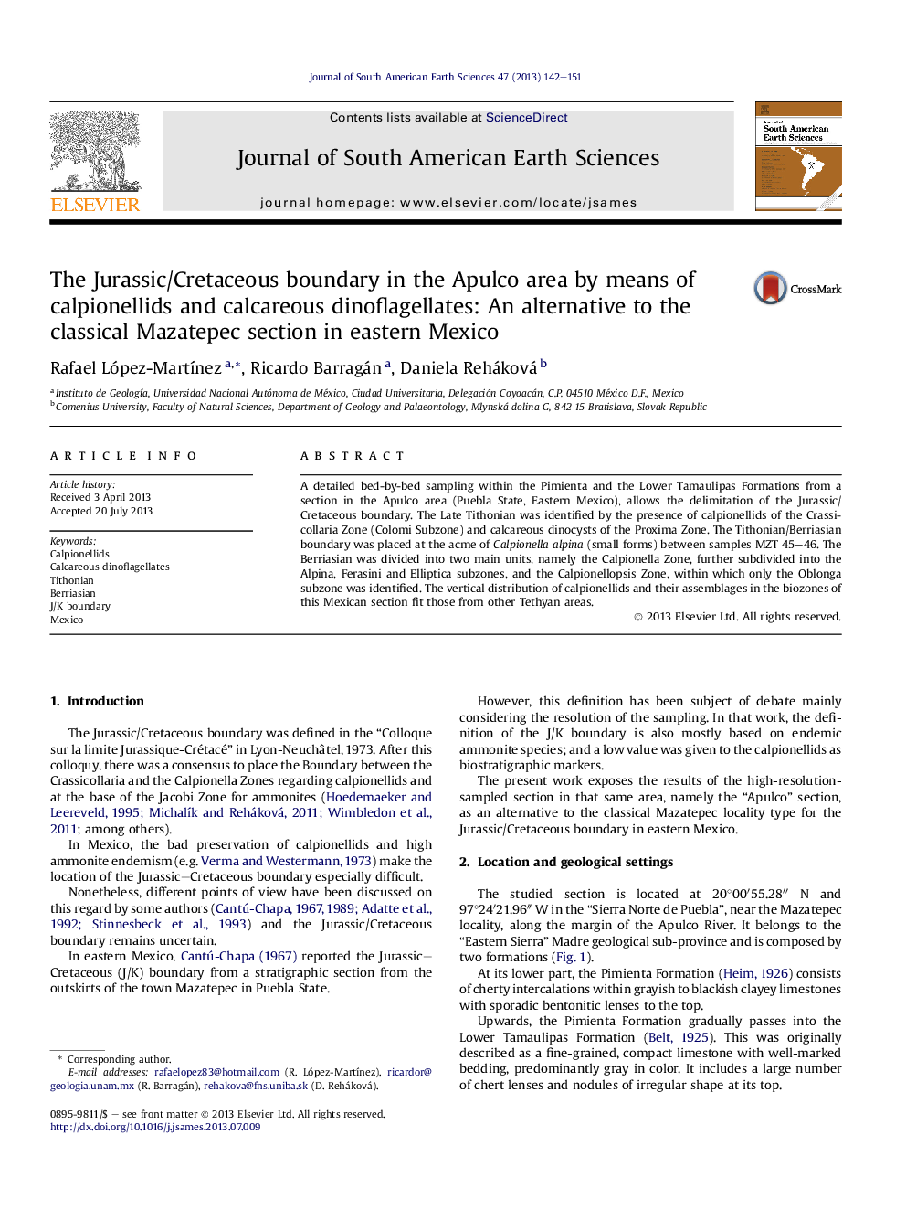 The Jurassic/Cretaceous boundary in the Apulco area by means of calpionellids and calcareous dinoflagellates: An alternative to the classical Mazatepec section in eastern Mexico