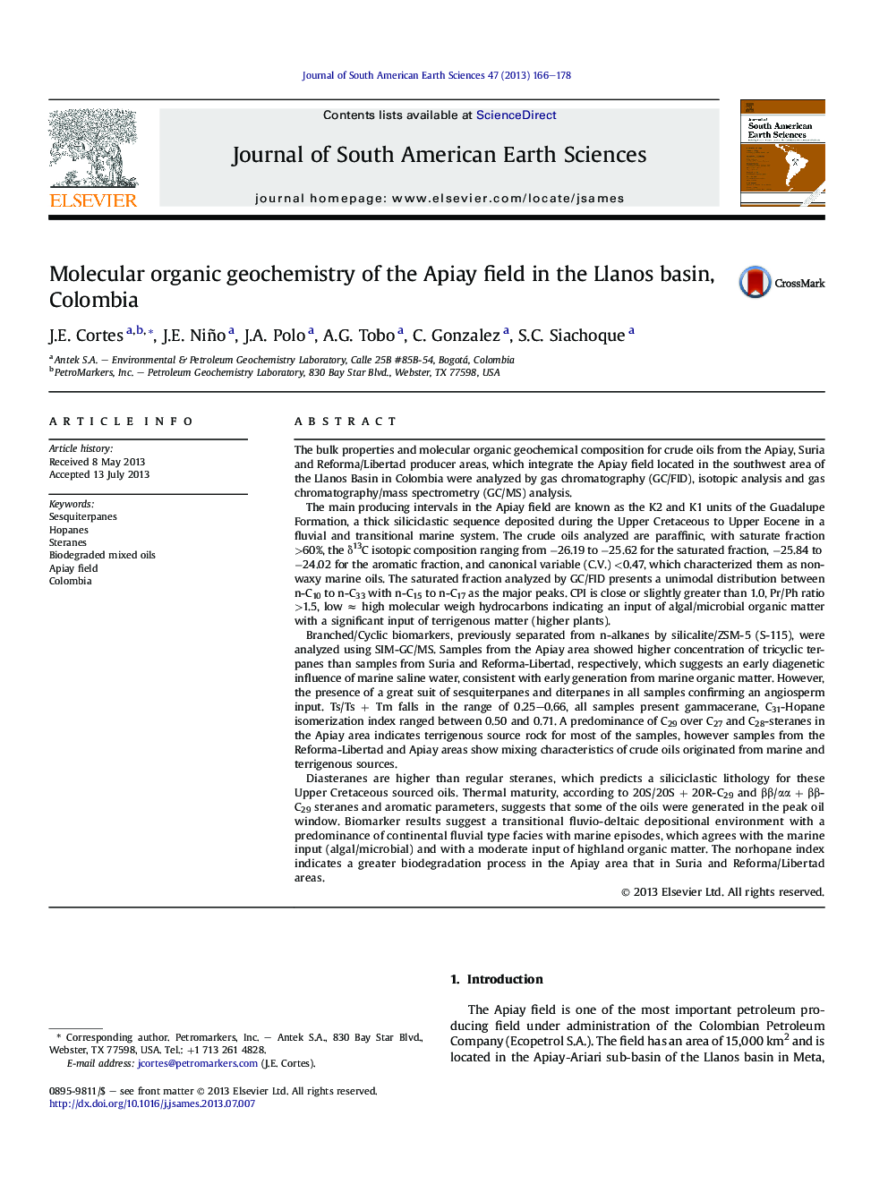 Molecular organic geochemistry of the Apiay field in the Llanos basin, Colombia