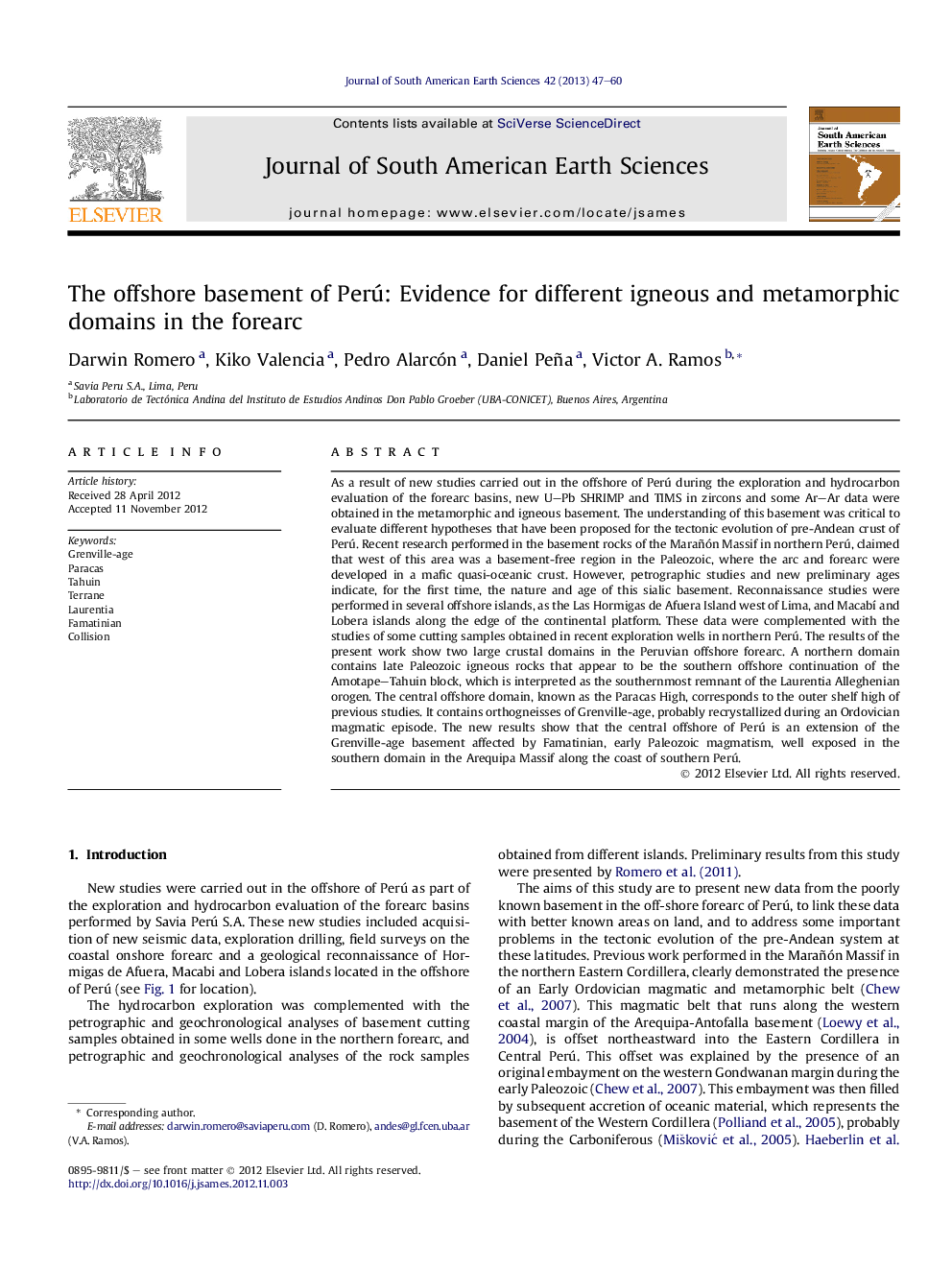 The offshore basement of Perú: Evidence for different igneous and metamorphic domains in the forearc