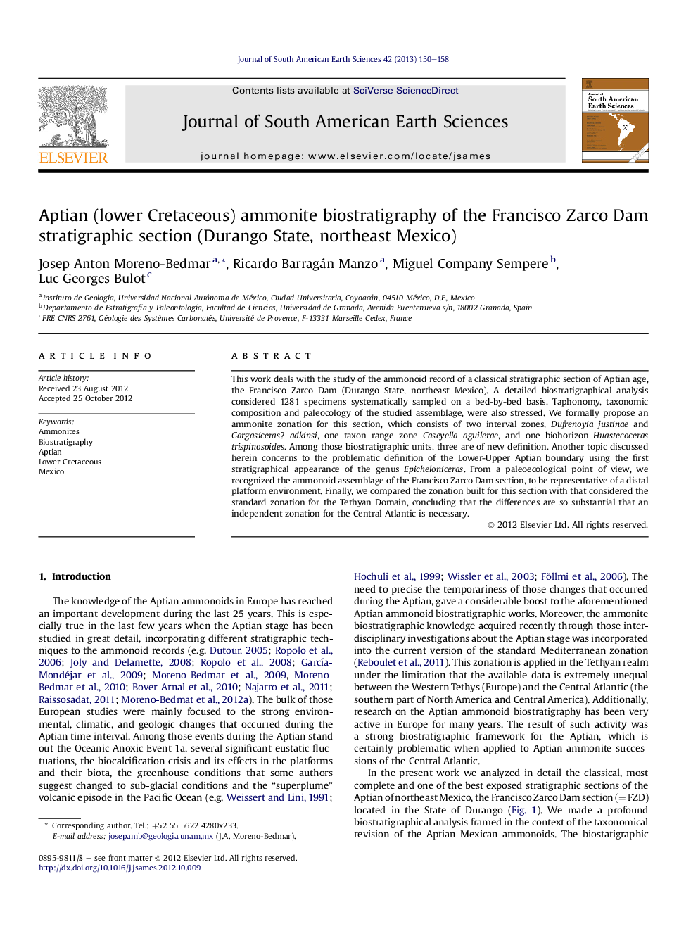 عکس صفحه اول مقاله: Aptian (lower Cretaceous) ammonite biostratigraphy of the Francisco Zarco Dam stratigraphic section (Durango State, northeast Mexico) Aptian (lower Cretaceous) ammonite biostratigraphy of the Francisco Zarco Dam stratigraphic section (Durango State, northeast Mexico)