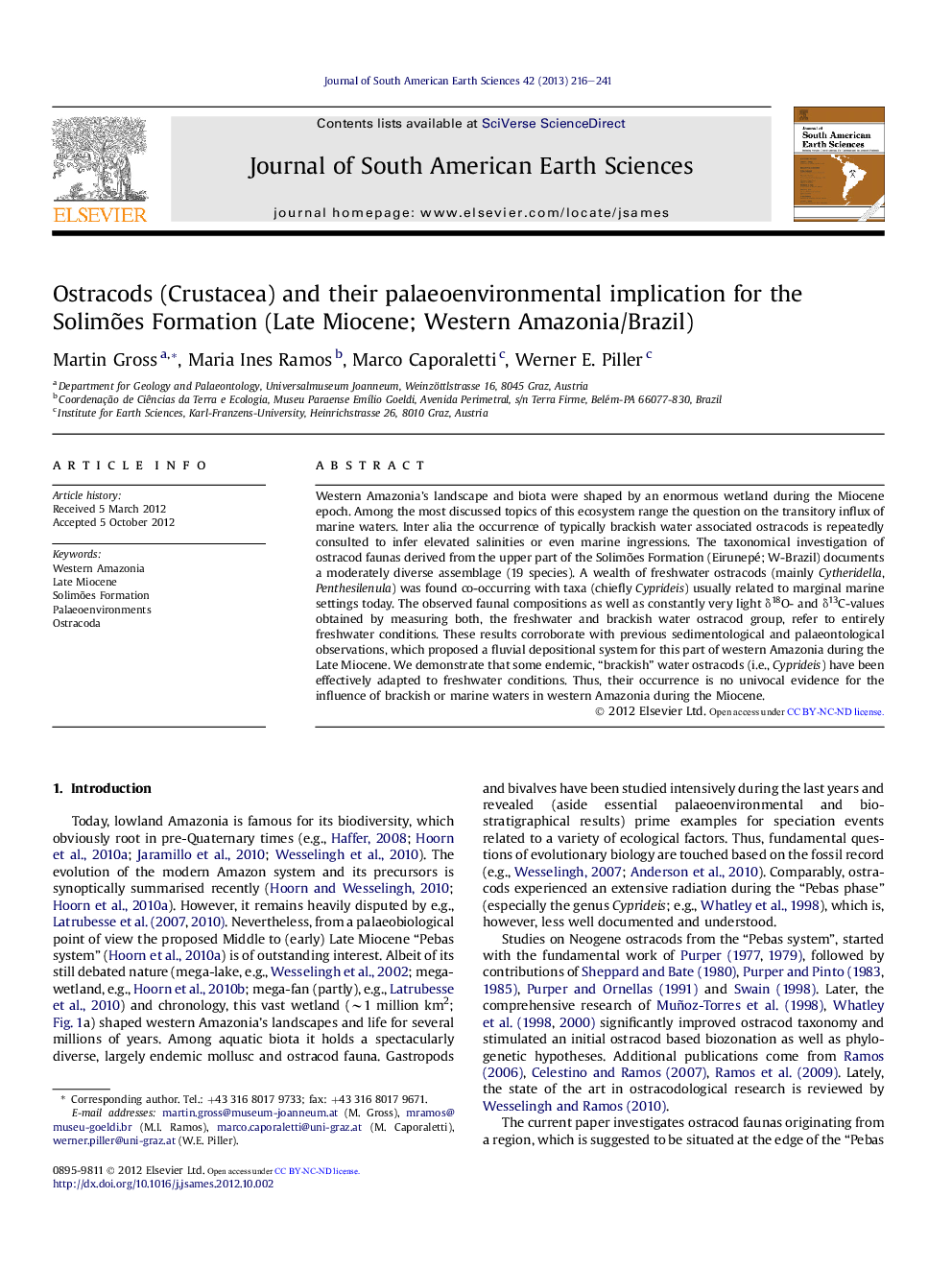 Ostracods (Crustacea) and their palaeoenvironmental implication for the SolimÃµes Formation (Late Miocene; Western Amazonia/Brazil)