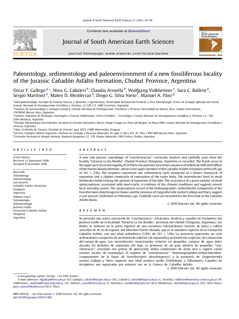 Paleontology, sedimentology and paleoenvironment of a new fossiliferous locality of the Jurassic Cañadón Asfalto Formation, Chubut Province, Argentina