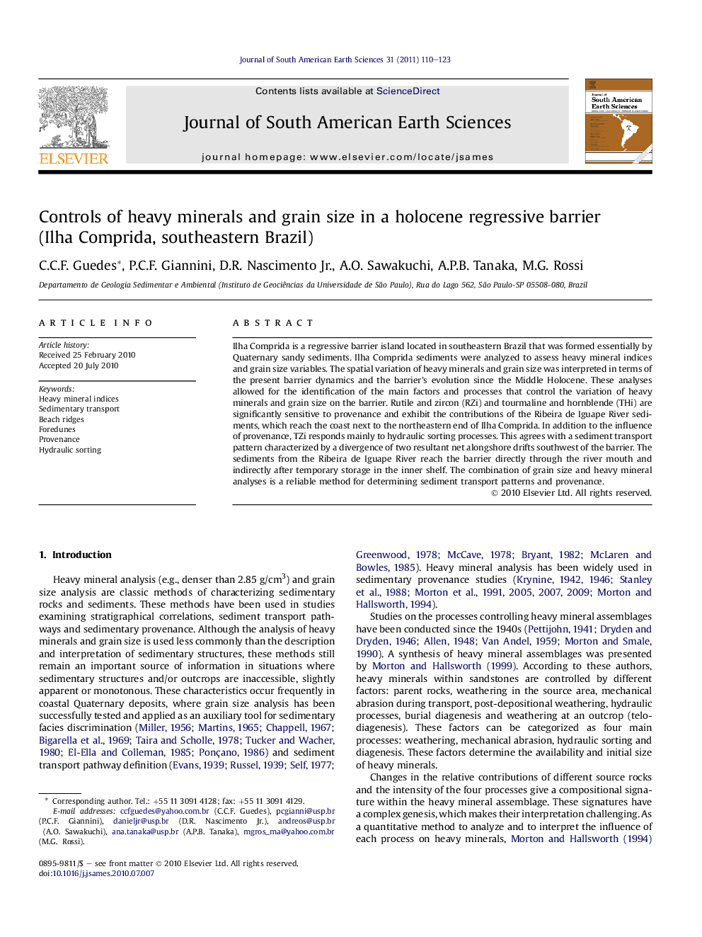 Controls of heavy minerals and grain size in a holocene regressive barrier (Ilha Comprida, southeastern Brazil)