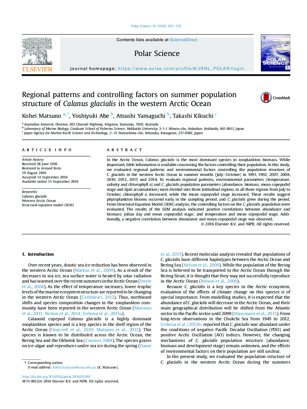 Regional patterns and controlling factors on summer population structure of Calanus glacialis in the western Arctic Ocean