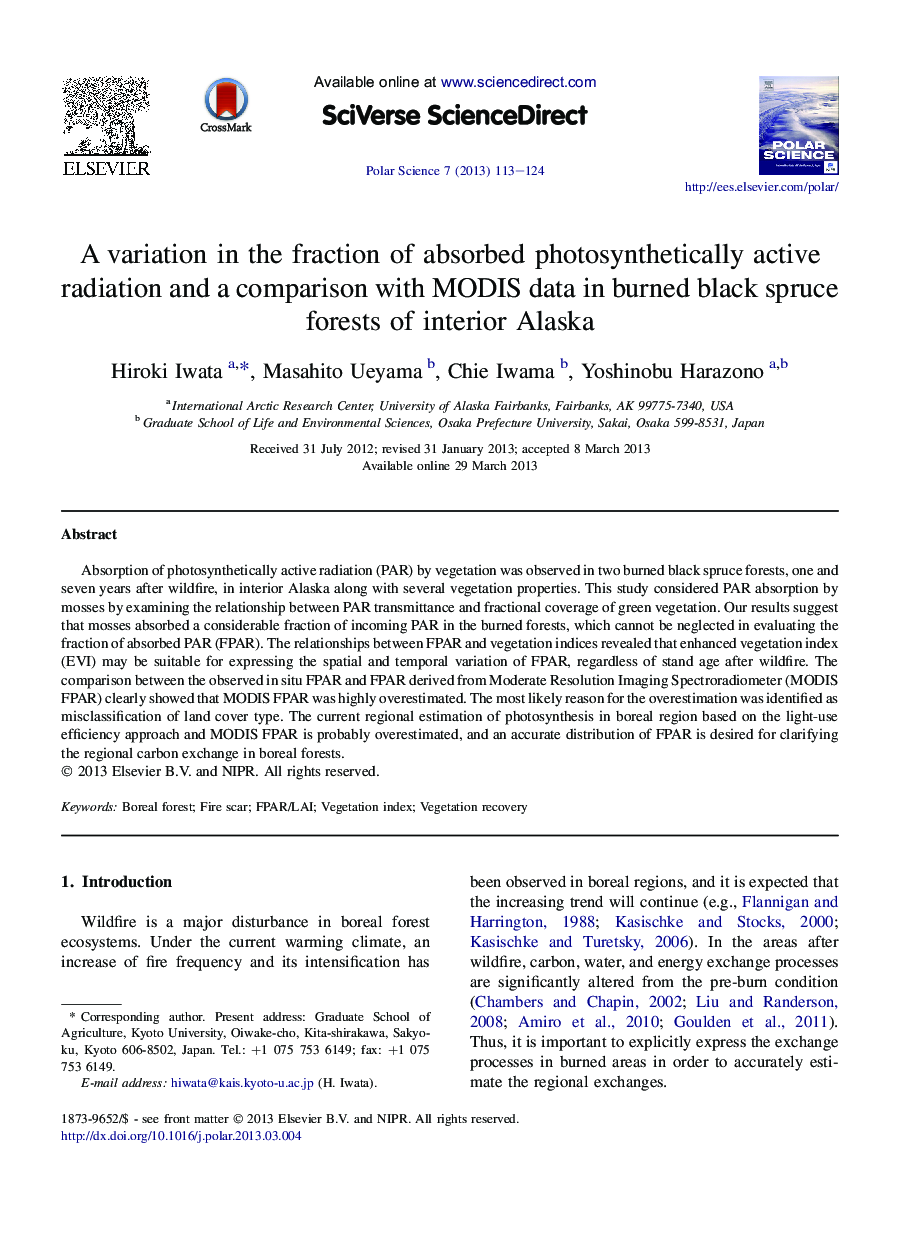 Variations in fraction of absorbed photosynthetically active radiation and comparisons with MODIS data in burned black spruce forests of interior Alaska