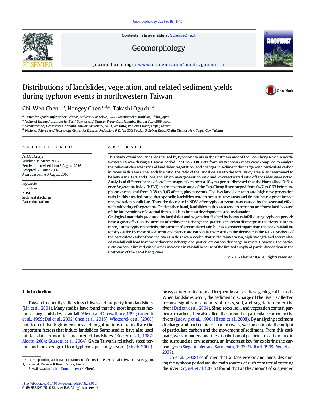 Distributions of landslides, vegetation, and related sediment yields during typhoon events in northwestern Taiwan