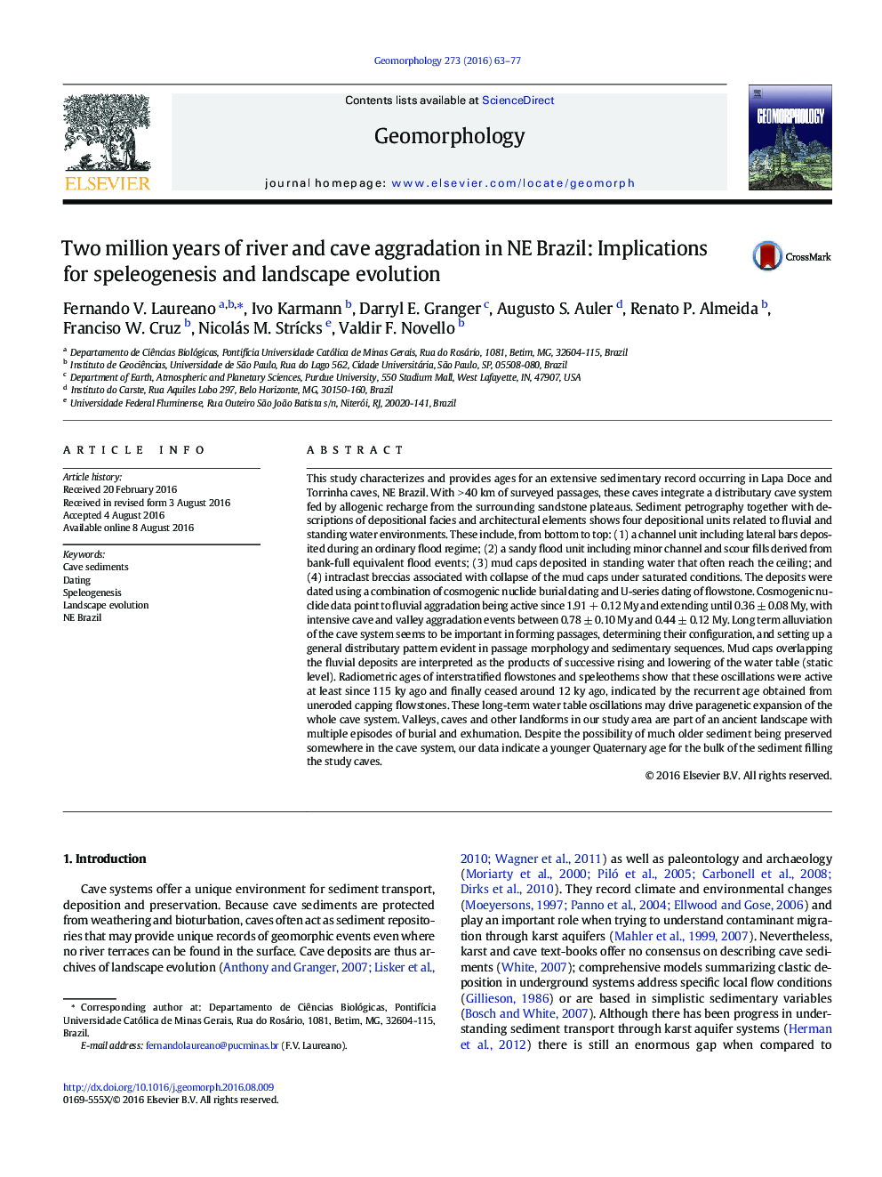 Two million years of river and cave aggradation in NE Brazil: Implications for speleogenesis and landscape evolution