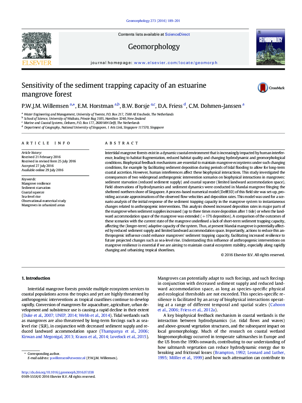 Sensitivity of the sediment trapping capacity of an estuarine mangrove forest