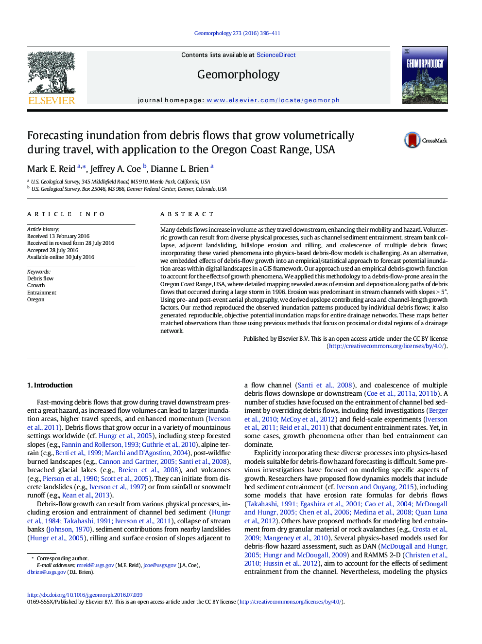 Forecasting inundation from debris flows that grow volumetrically during travel, with application to the Oregon Coast Range, USA