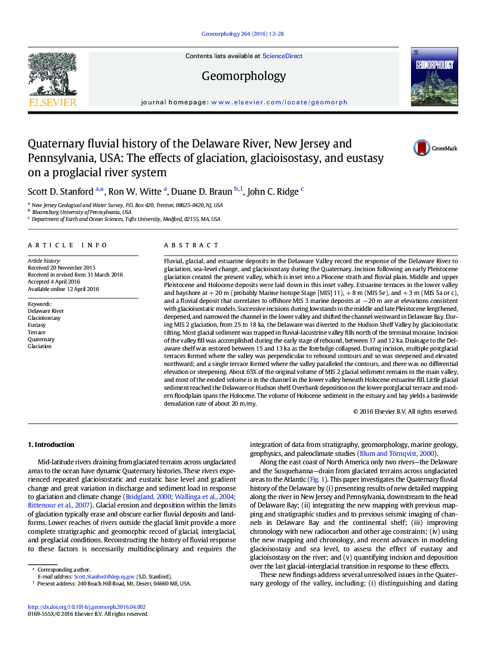 Quaternary fluvial history of the Delaware River, New Jersey and Pennsylvania, USA: The effects of glaciation, glacioisostasy, and eustasy on a proglacial river system