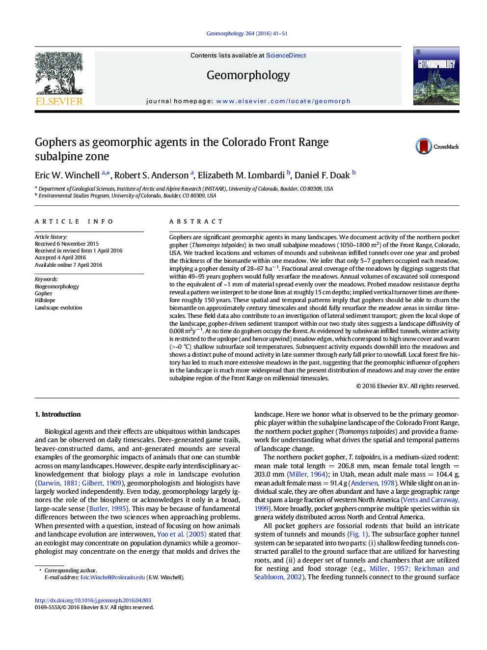 عکس صفحه اول مقاله: Gophers as geomorphic agents in the Colorado Front Range subalpine zone Gophers as geomorphic agents in the Colorado Front Range subalpine zone
