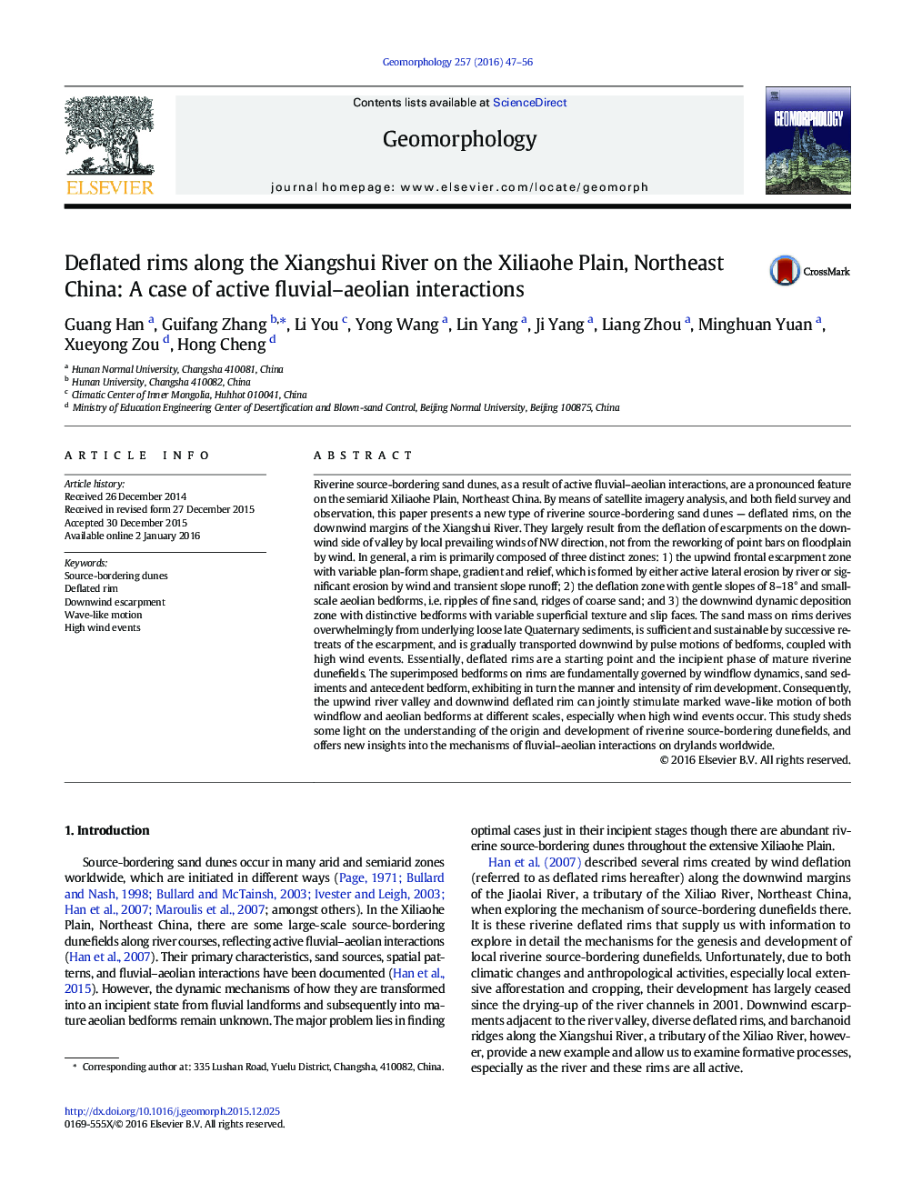 Deflated rims along the Xiangshui River on the Xiliaohe Plain, Northeast China: A case of active fluvial-aeolian interactions