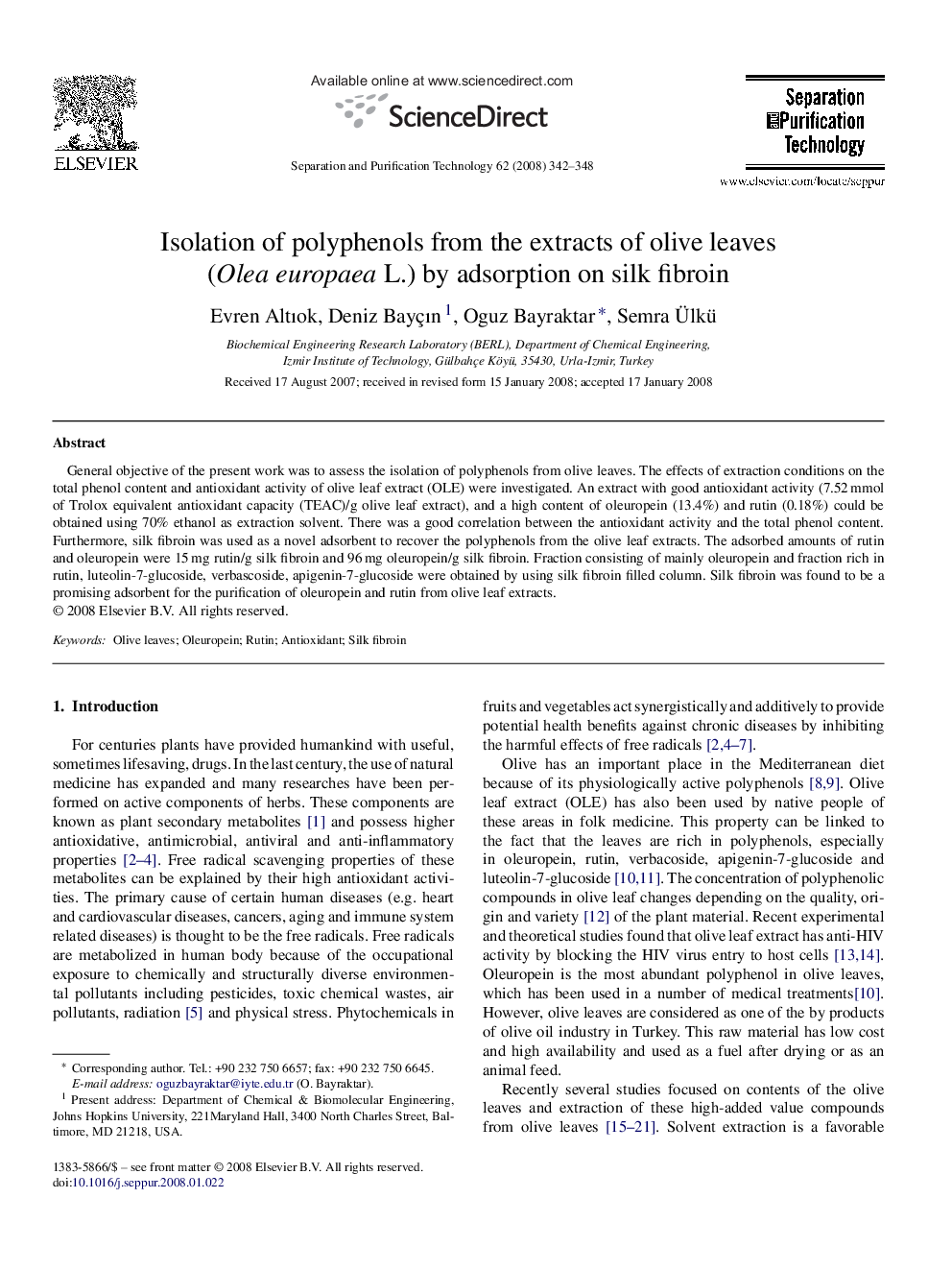 Isolation of polyphenols from the extracts of olive leaves (Olea europaea L.) by adsorption on silk fibroin