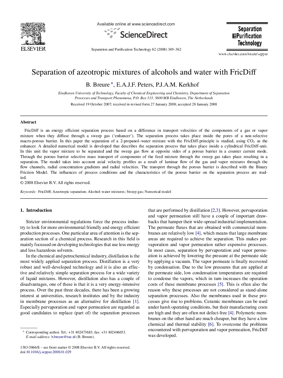 Separation of azeotropic mixtures of alcohols and water with FricDiff