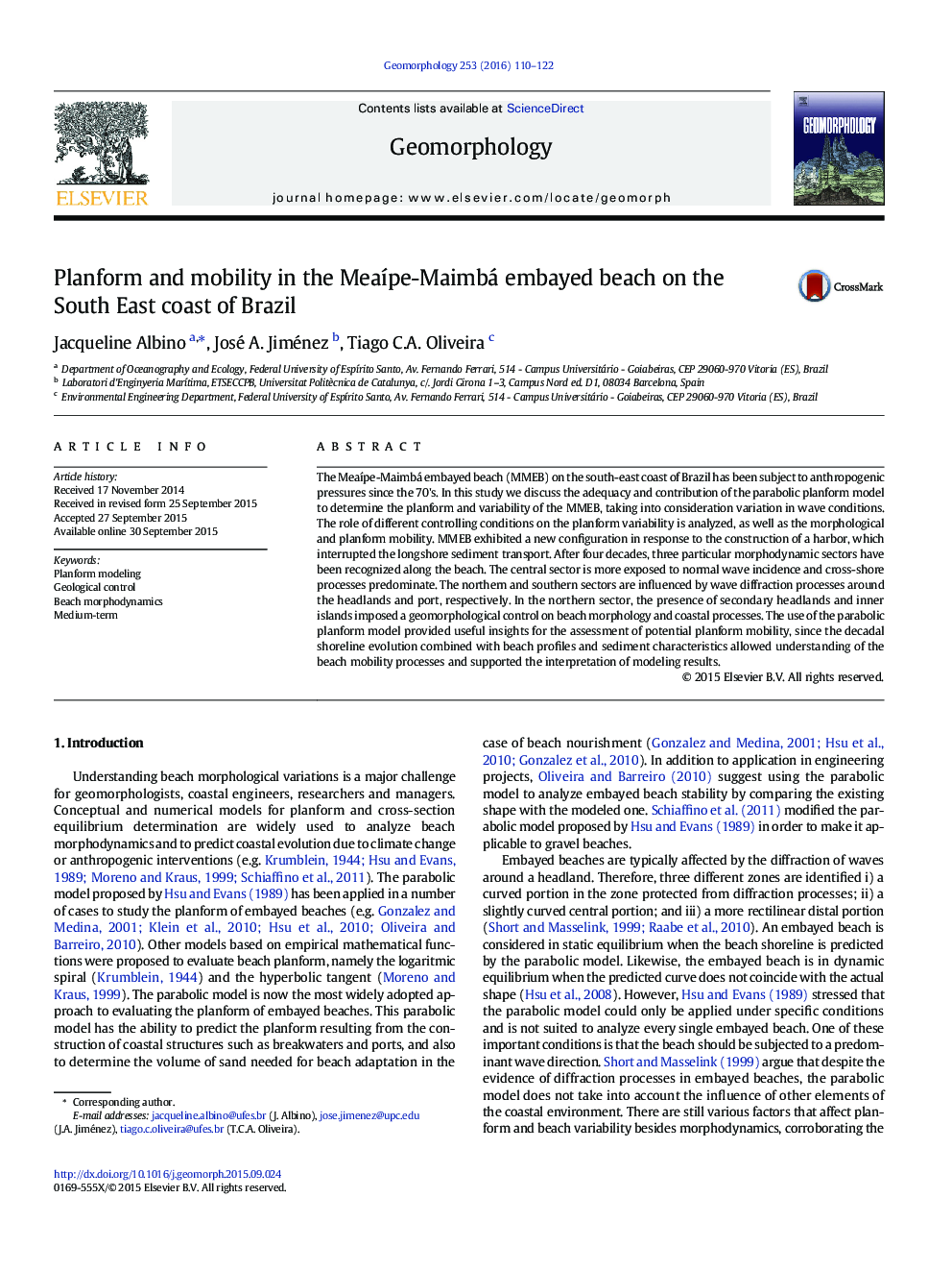 Planform and mobility in the MeaÃ­pe-Maimbá embayed beach on the South East coast of Brazil