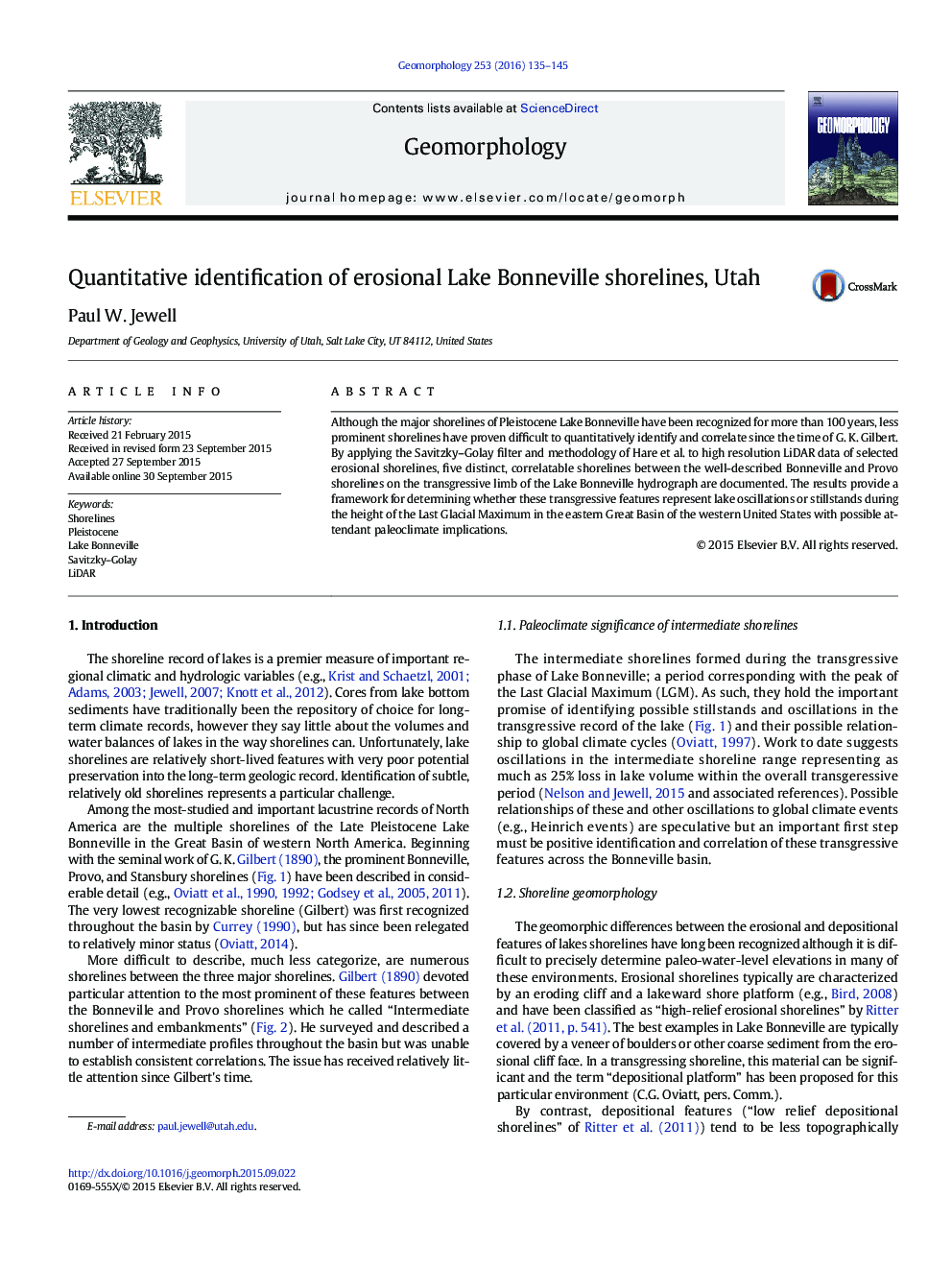 Quantitative identification of erosional Lake Bonneville shorelines, Utah