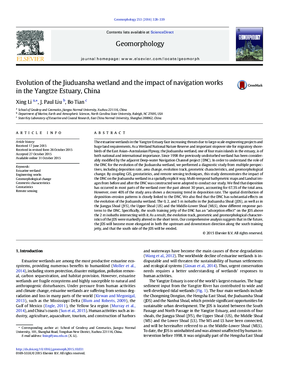 Evolution of the Jiuduansha wetland and the impact of navigation works in the Yangtze Estuary, China