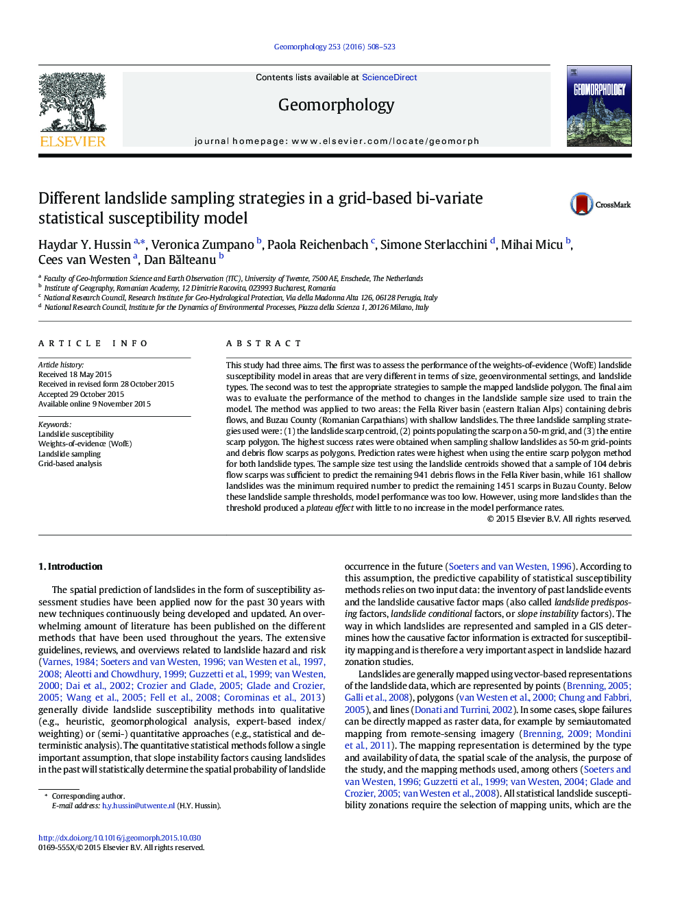 Different landslide sampling strategies in a grid-based bi-variate statistical susceptibility model