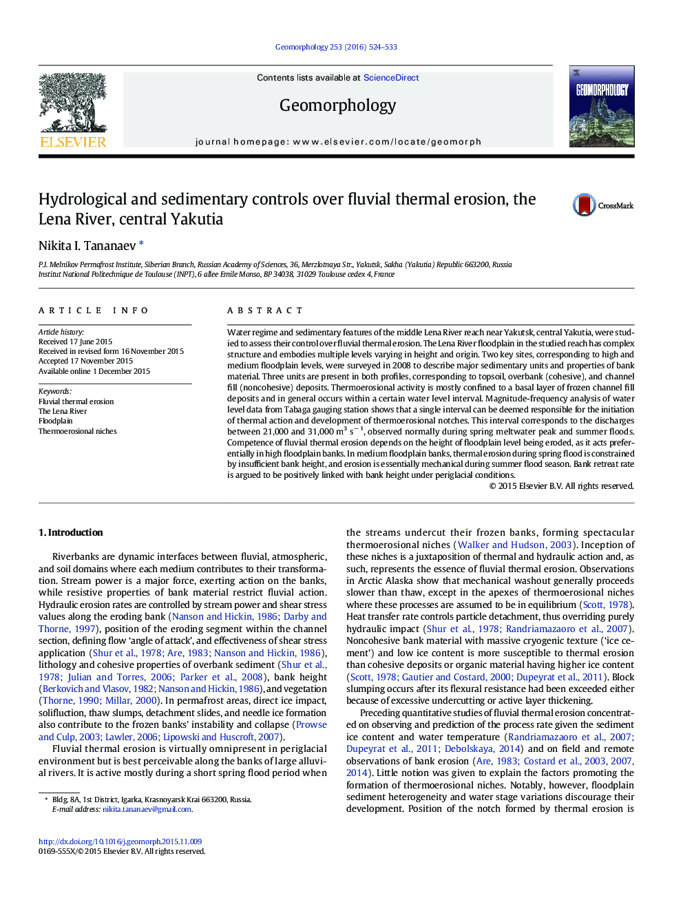 Hydrological and sedimentary controls over fluvial thermal erosion, the Lena River, central Yakutia