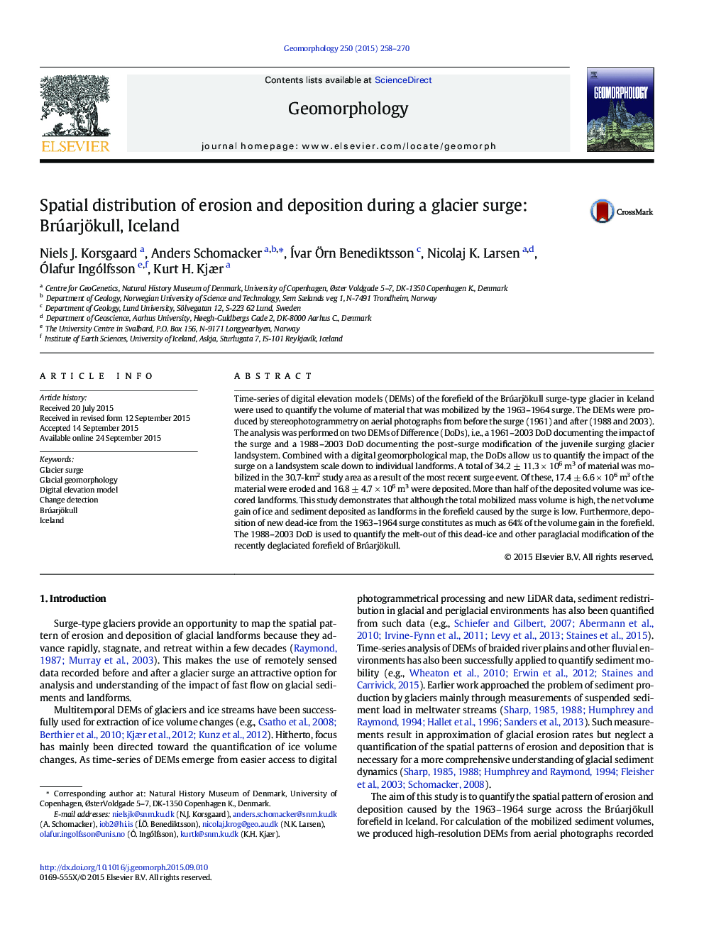 Spatial distribution of erosion and deposition during a glacier surge: Brúarjökull, Iceland