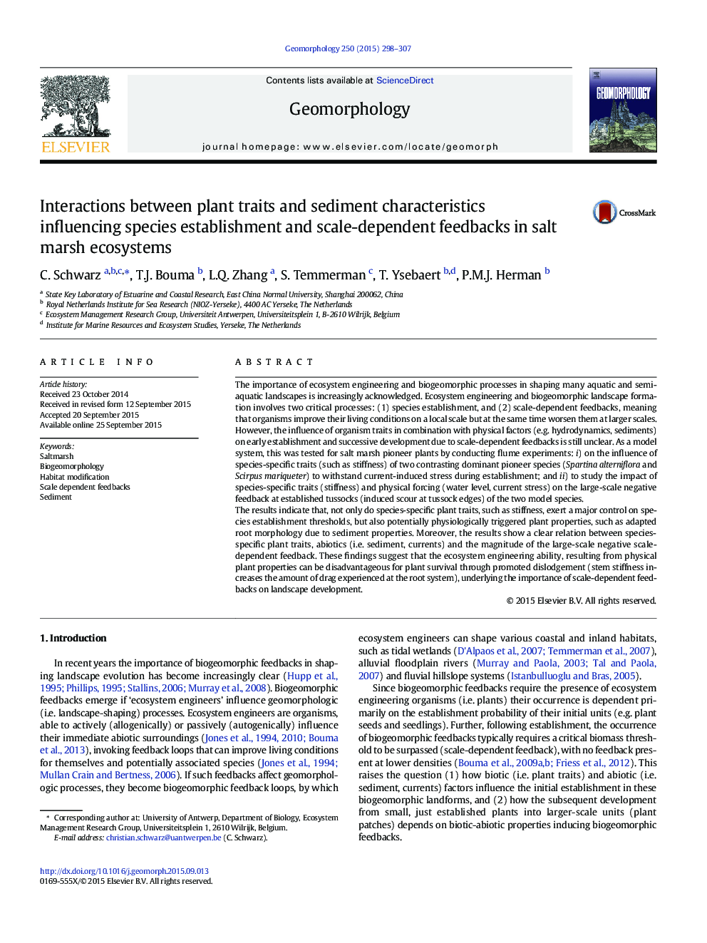 Interactions between plant traits and sediment characteristics influencing species establishment and scale-dependent feedbacks in salt marsh ecosystems