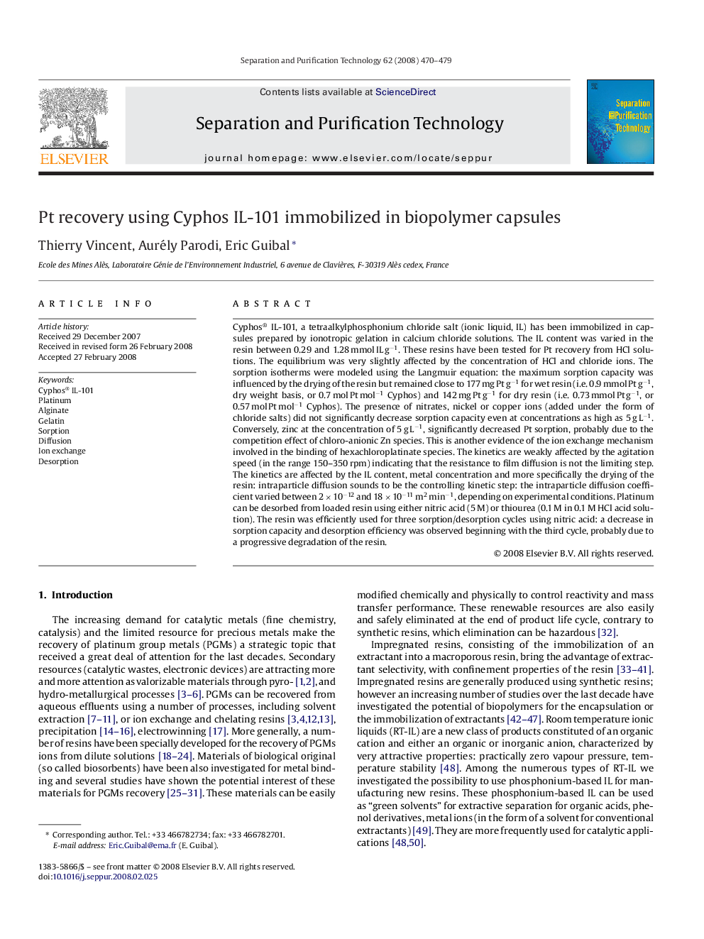 Pt recovery using Cyphos IL-101 immobilized in biopolymer capsules