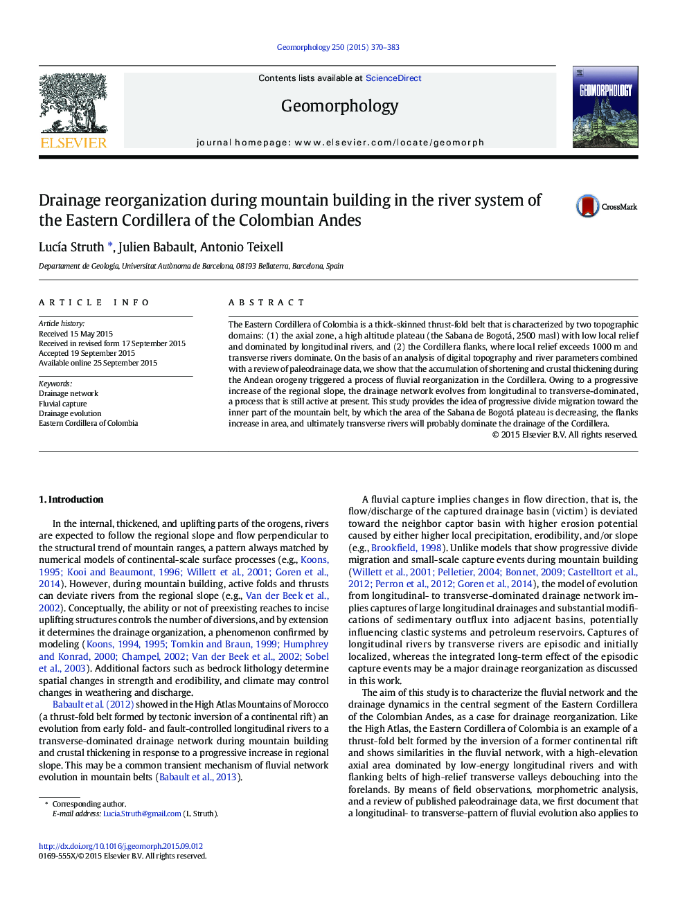 Drainage reorganization during mountain building in the river system of the Eastern Cordillera of the Colombian Andes