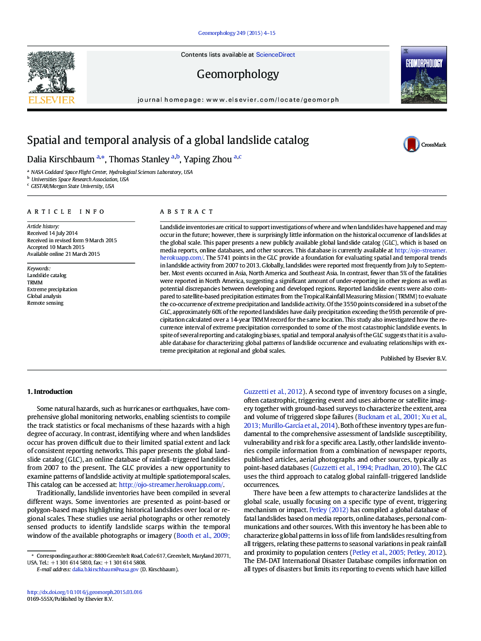 Spatial and temporal analysis of a global landslide catalog