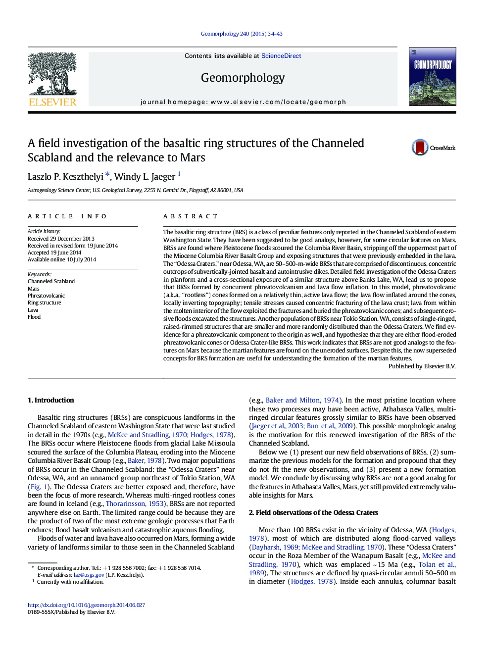 A field investigation of the basaltic ring structures of the Channeled Scabland and the relevance to Mars