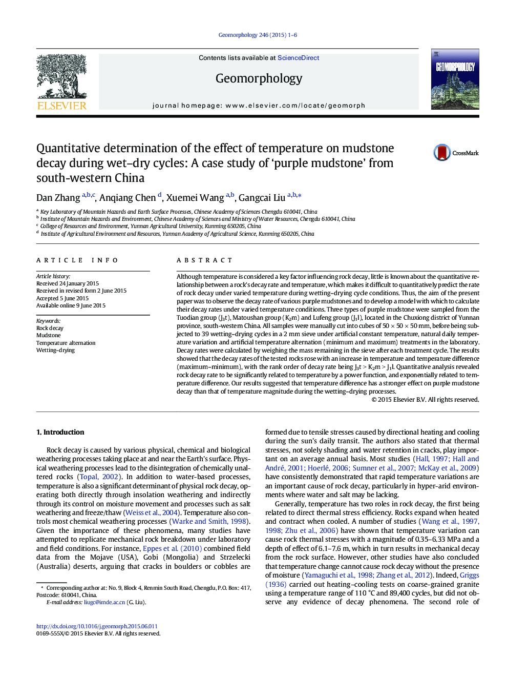 Quantitative determination of the effect of temperature on mudstone decay during wet-dry cycles: A case study of 'purple mudstone' from south-western China