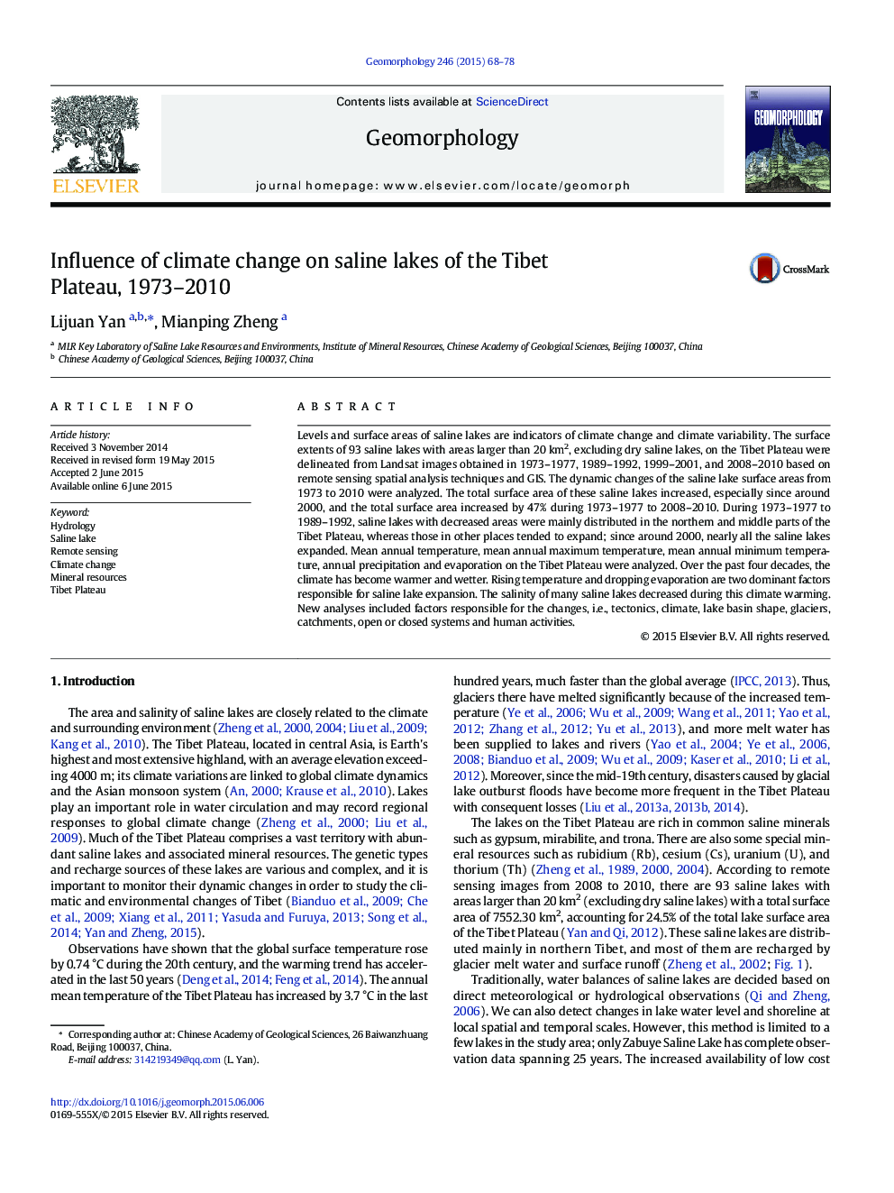 Influence of climate change on saline lakes of the Tibet Plateau, 1973-2010