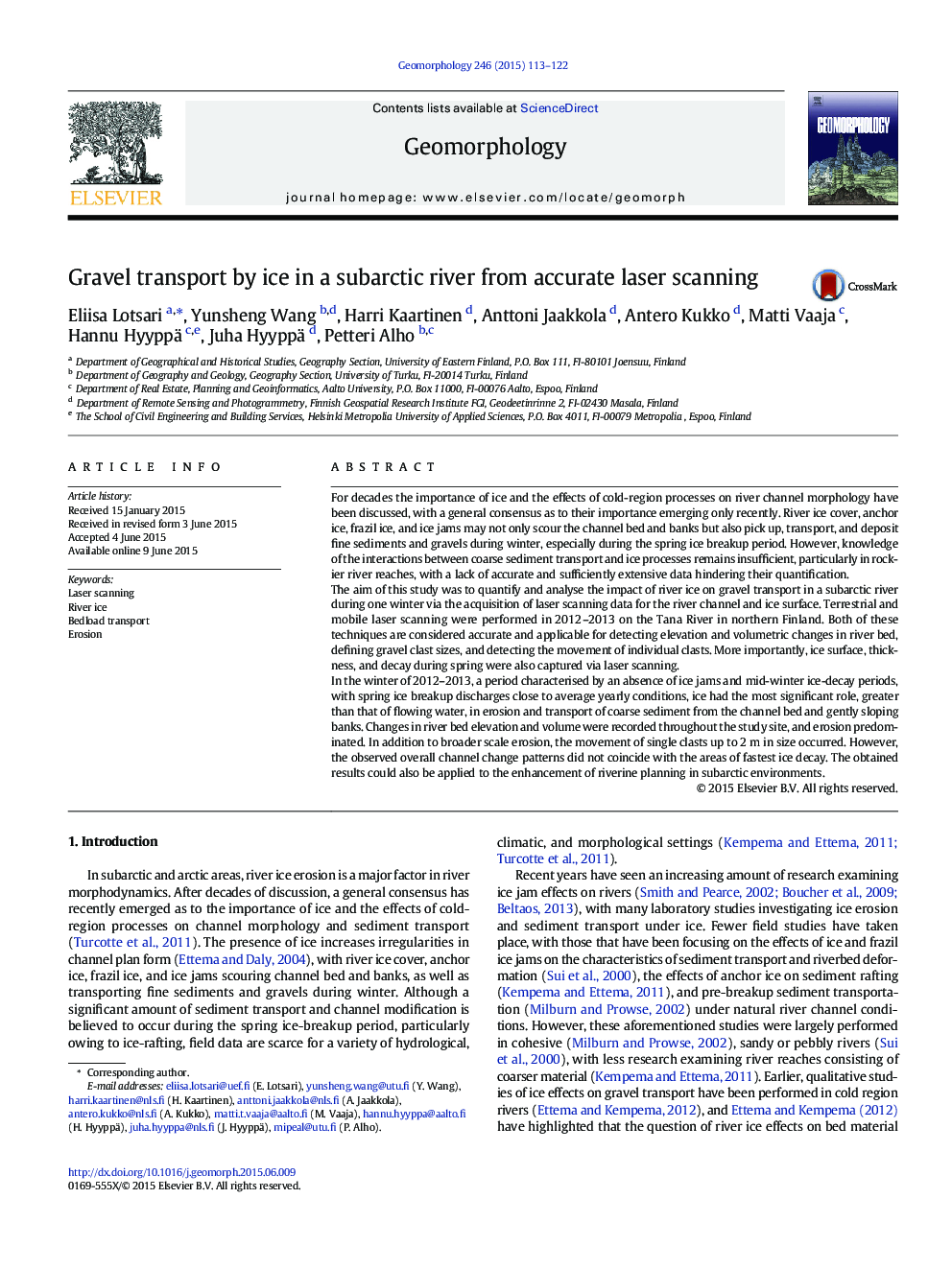 Gravel transport by ice in a subarctic river from accurate laser scanning