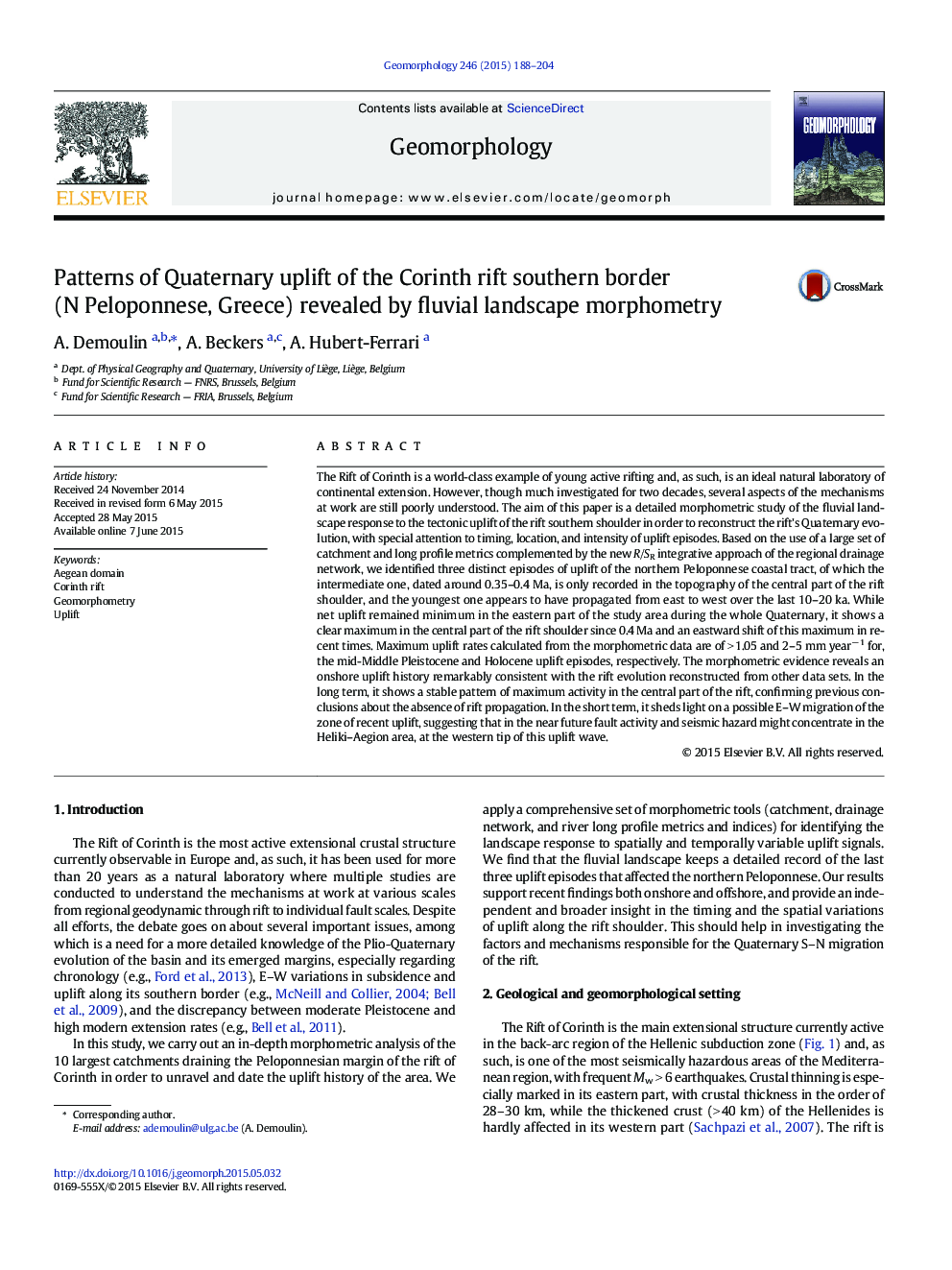 Patterns of Quaternary uplift of the Corinth rift southern border (N Peloponnese, Greece) revealed by fluvial landscape morphometry