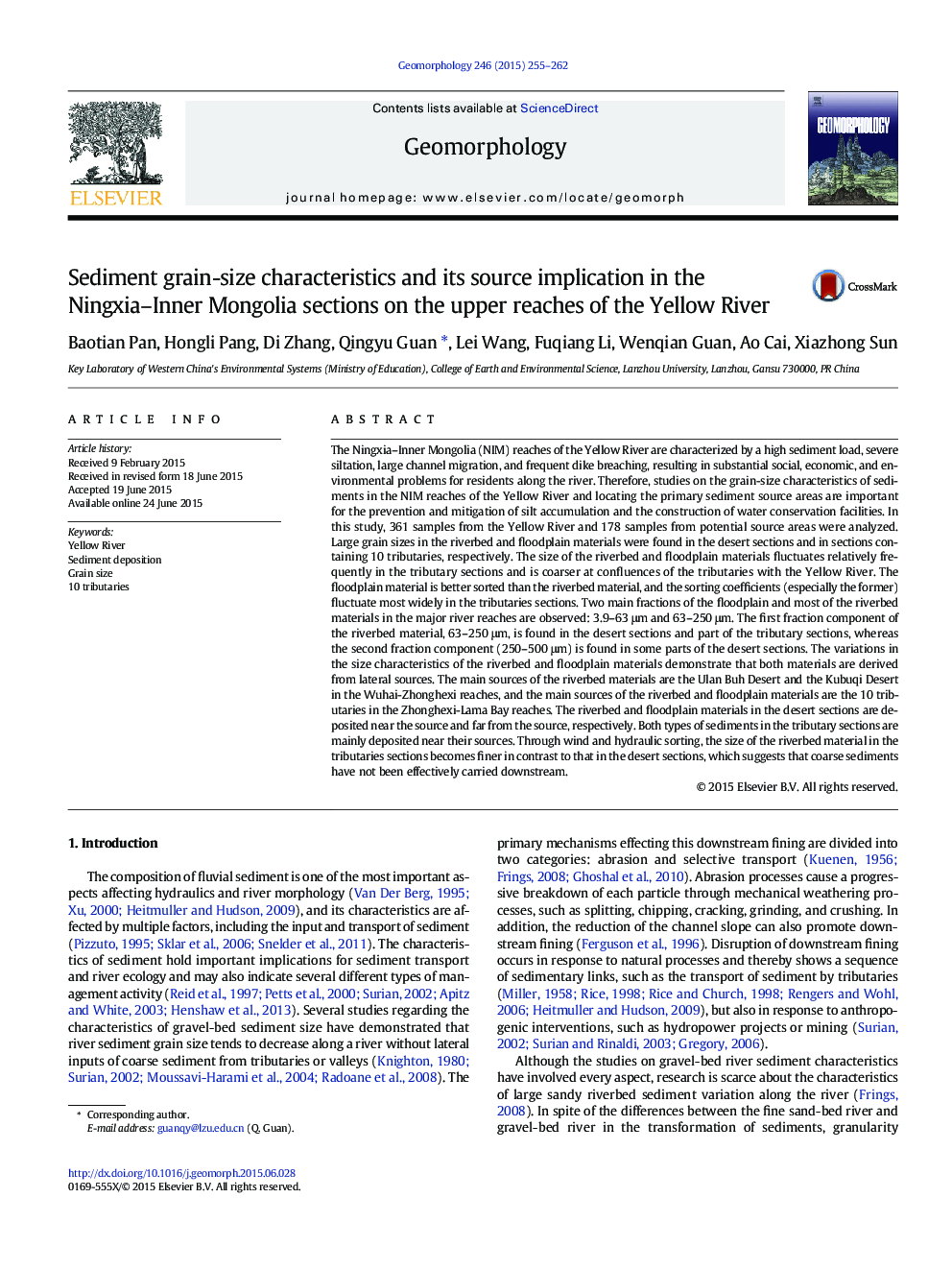 Sediment grain-size characteristics and its source implication in the Ningxia-Inner Mongolia sections on the upper reaches of the Yellow River