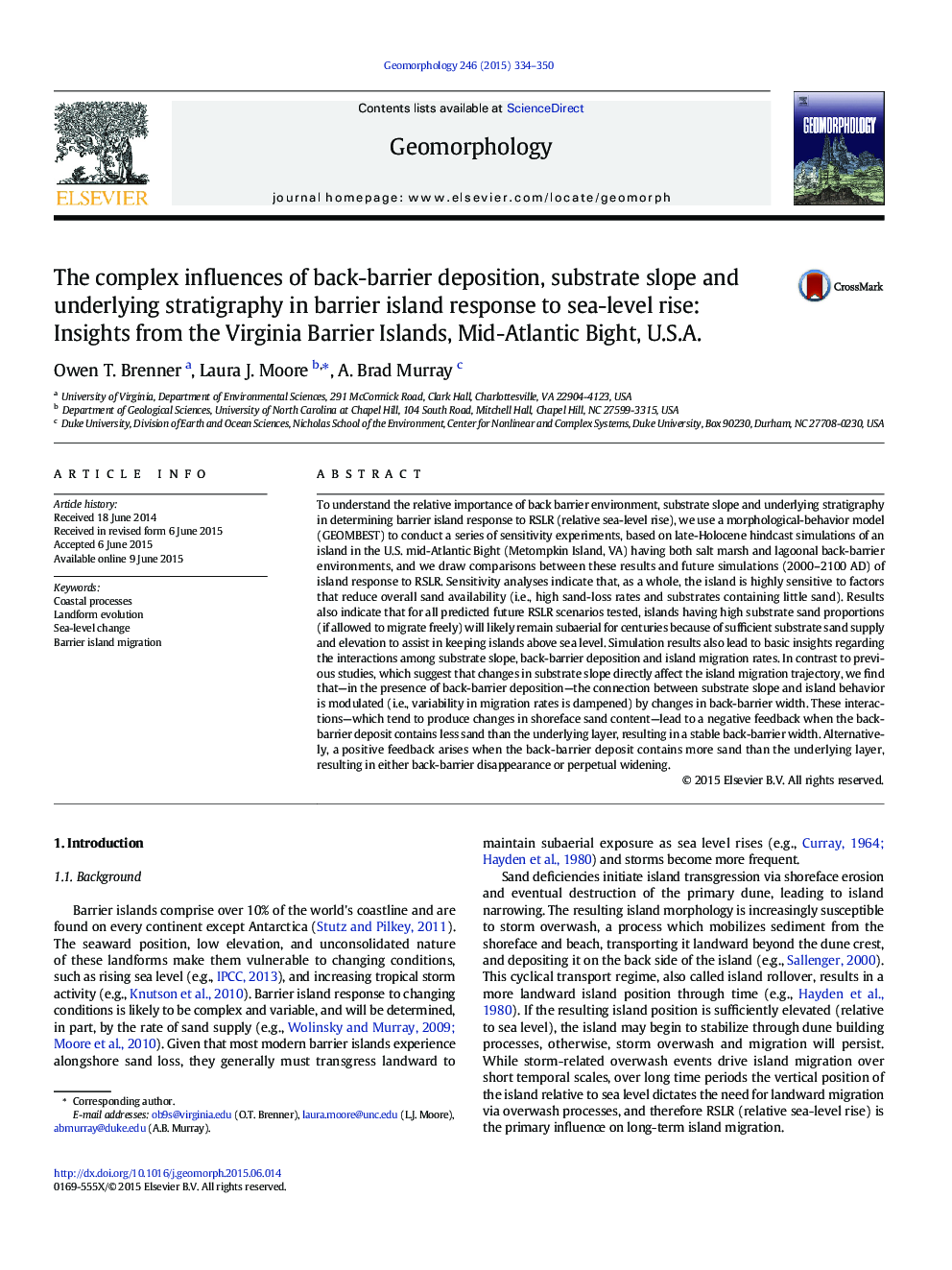 The complex influences of back-barrier deposition, substrate slope and underlying stratigraphy in barrier island response to sea-level rise: Insights from the Virginia Barrier Islands, Mid-Atlantic Bight, U.S.A.