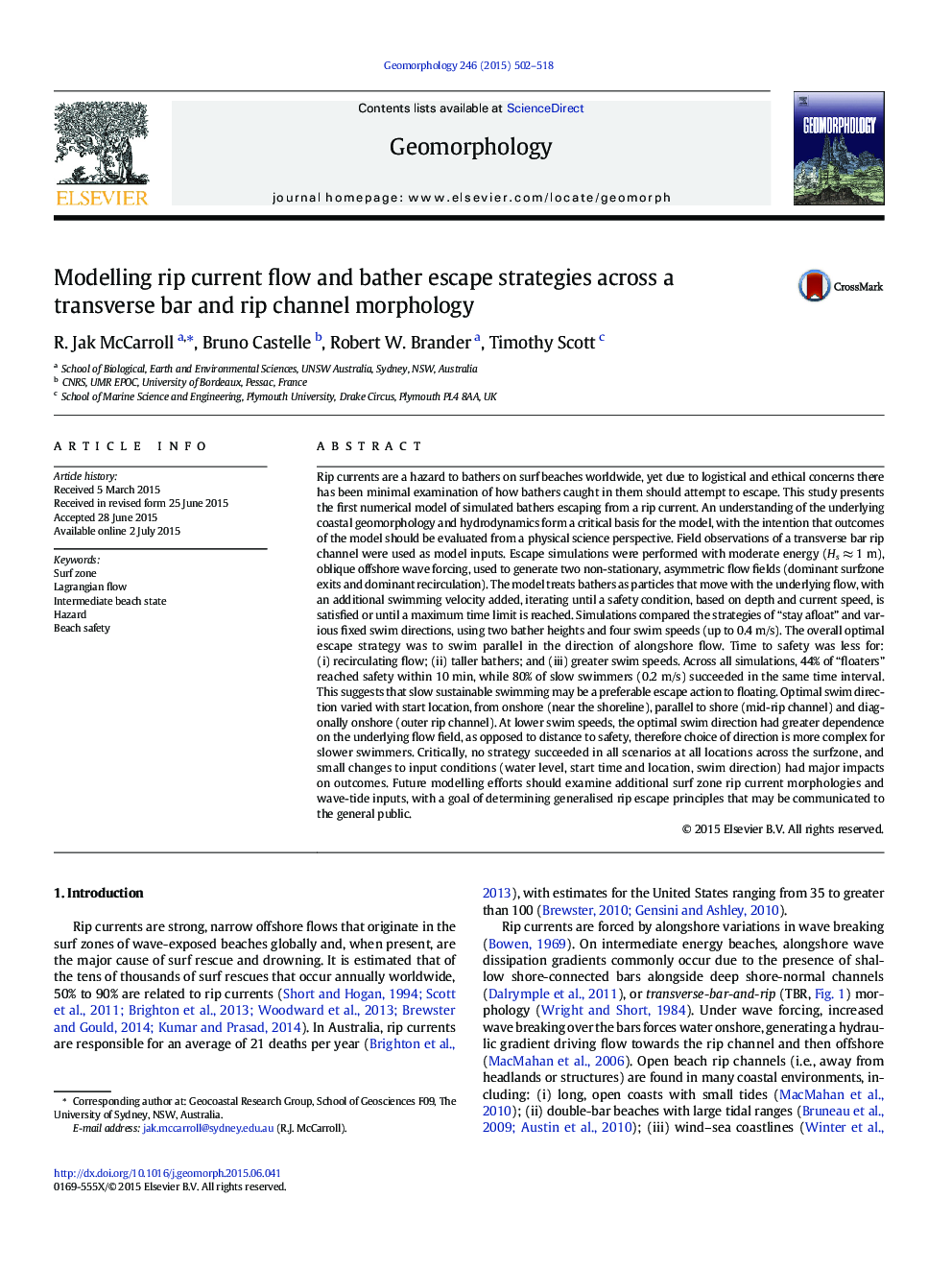 Modelling rip current flow and bather escape strategies across a transverse bar and rip channel morphology