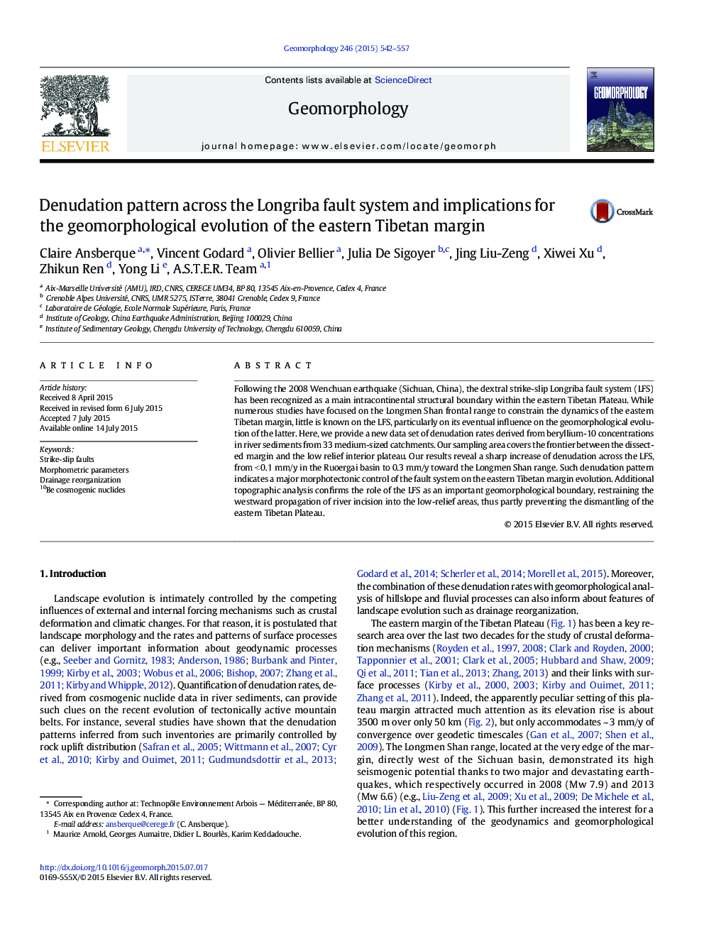 Denudation pattern across the Longriba fault system and implications for the geomorphological evolution of the eastern Tibetan margin